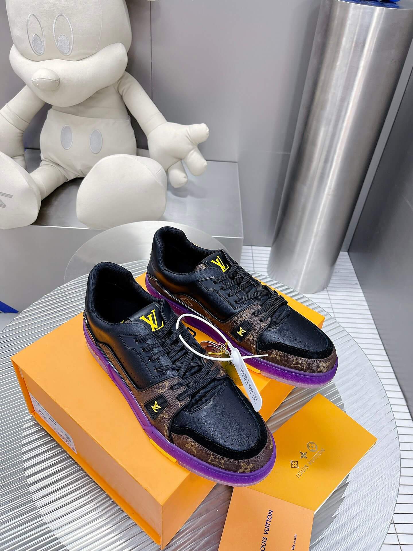 Louis Vuitton LV Trainer Sneaker in Black Leather/Monogram Canvas and Purple Sole