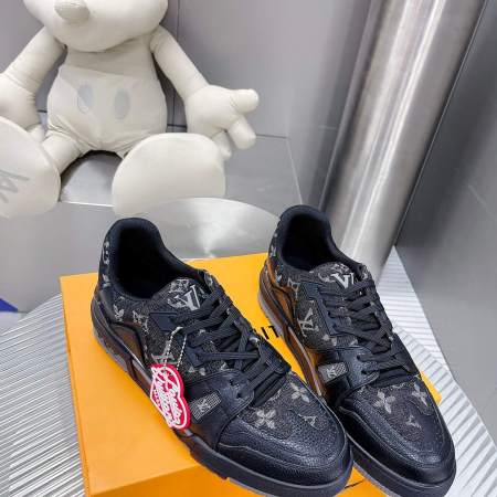 Louis Vuitton LV Trainer Sneaker in Black Leather/Black Monogram Canvas