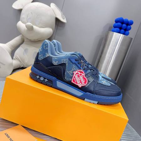 Louis Vuitton LV Trainer Sneaker in Black Leather/Blue Monogram Canvas