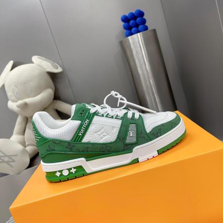Louis Vuitton LV Trainer Sneaker in White Leather/Green Monogram Denim