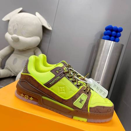 Louis Vuitton LV Trainer Sneaker in Light Neon Yellow Leather and Brown Canvas