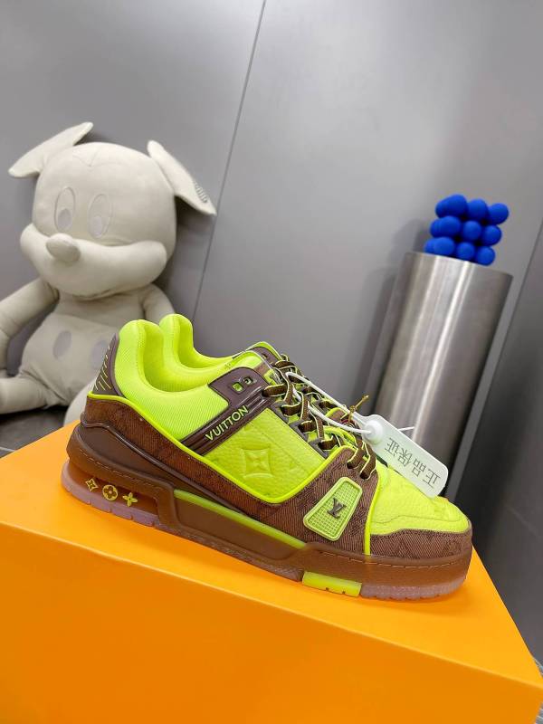 Louis Vuitton LV Trainer Sneaker in Light Neon Yellow Leather and Brown Canvas
