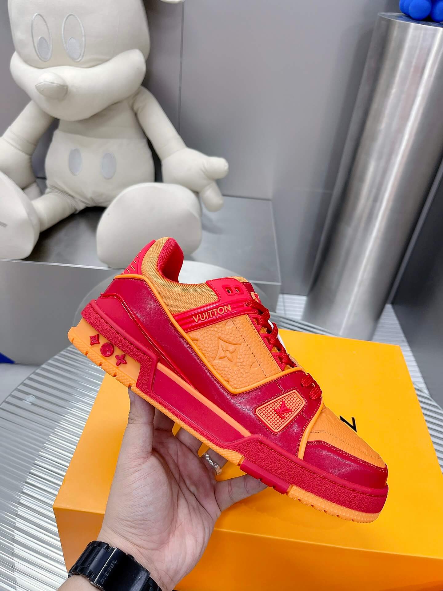 Louis Vuitton LV Trainer Sneaker in Orange/Red Leather - Image 8