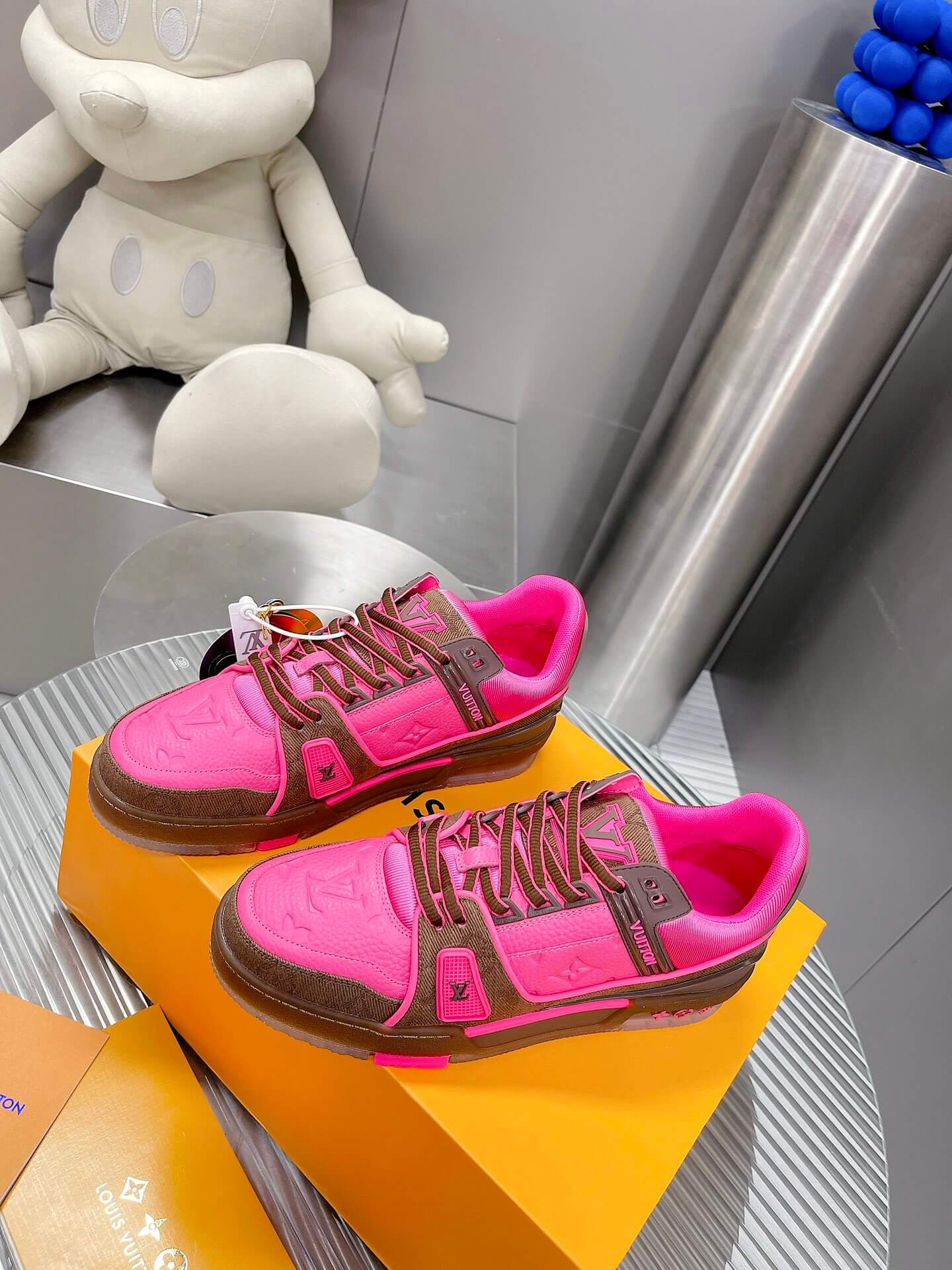 Louis Vuitton LV Trainer Sneaker in Light Pink Leather and Brown Monogram Canvas - Image 2