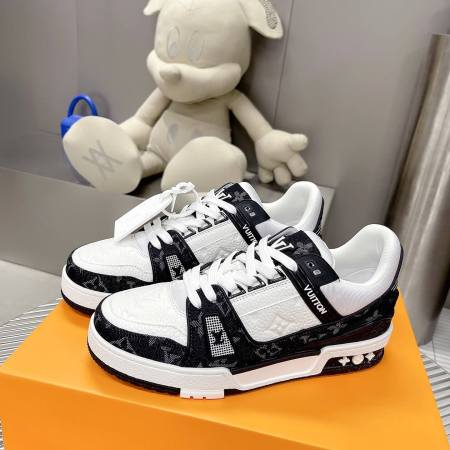 Louis Vuitton LV Trainer Sneaker in White Leather/Black Monogram Denim