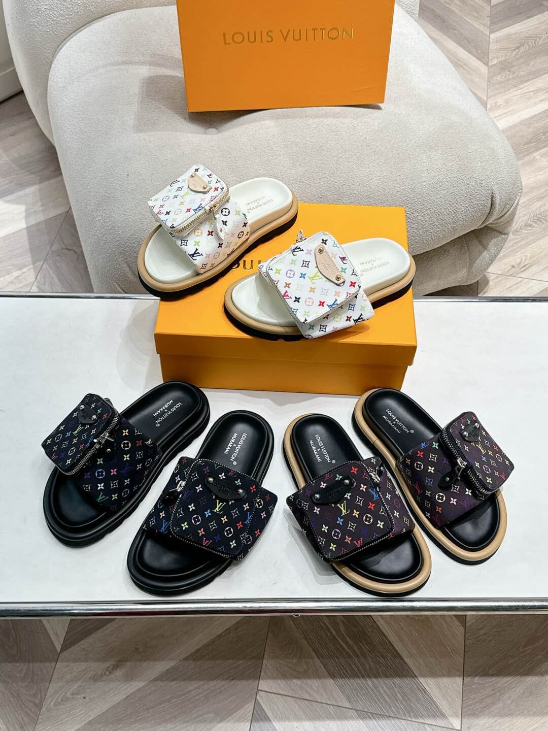 Louis Vuitton LV x Murakami TM Pool Pillow Flat Comfort Mule in Noir and Beige - Image 4