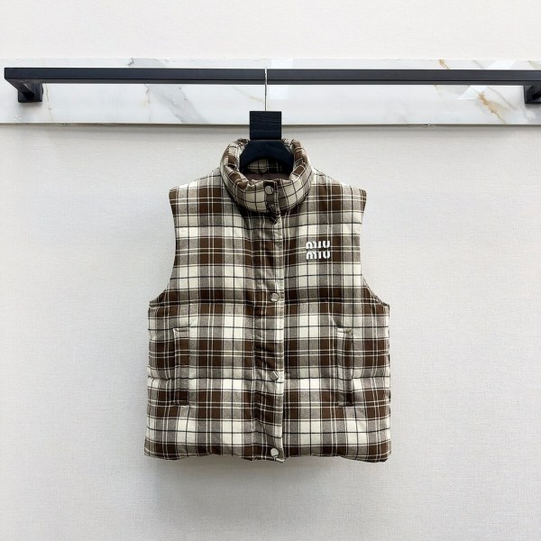Miu Miu Brown and White Plaid Down Vest