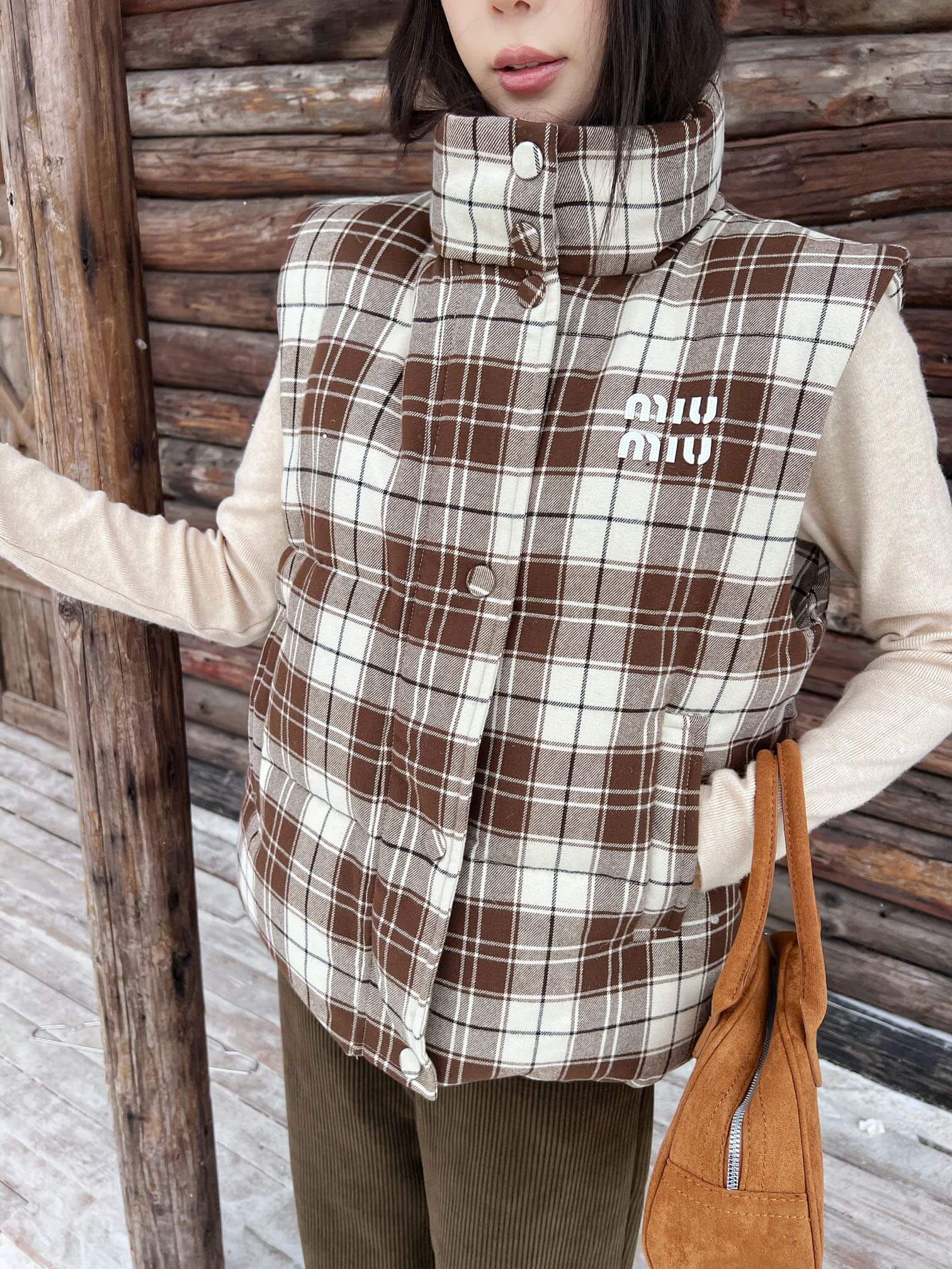 Miu Miu Brown and White Plaid Down Vest - Image 8
