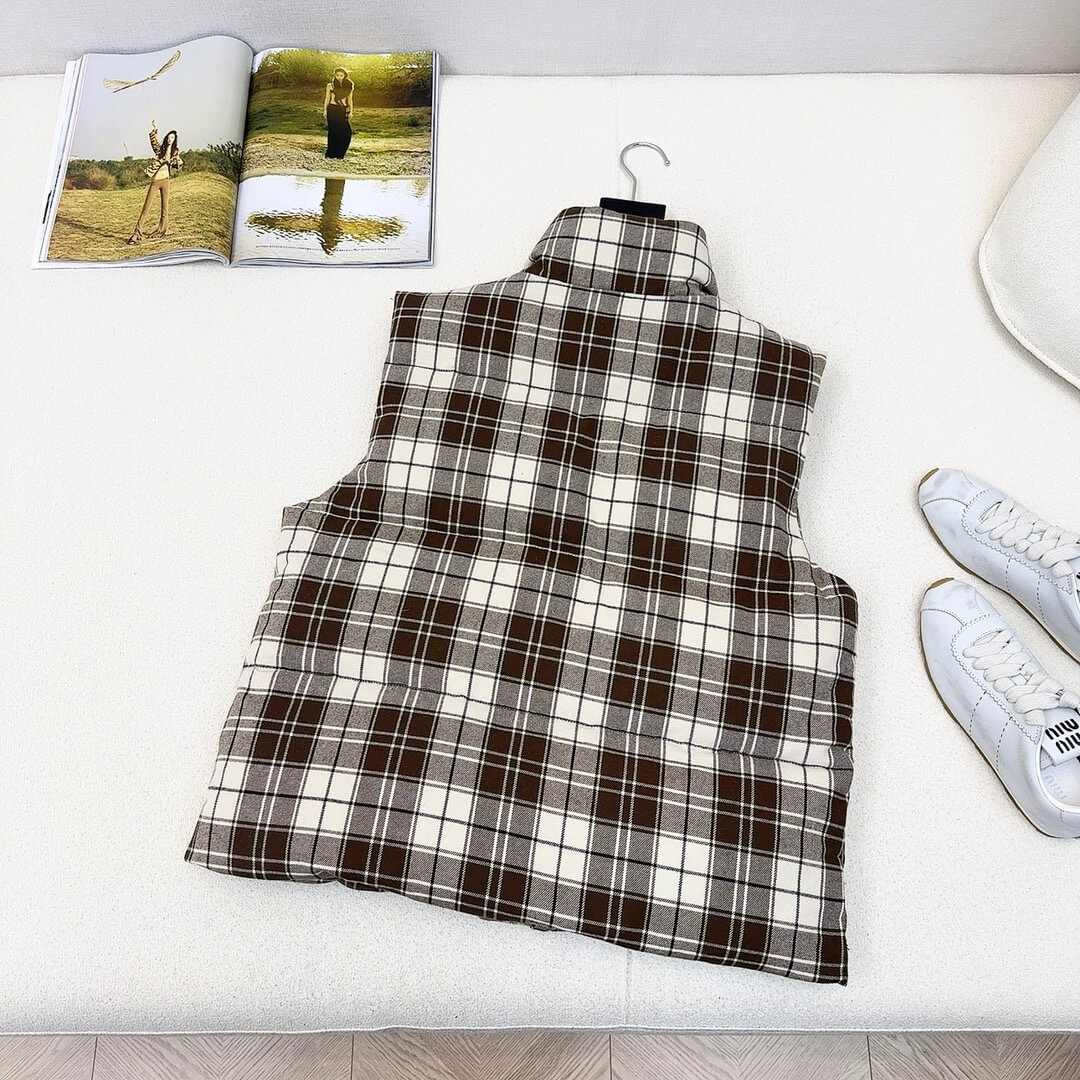Miu Miu Brown and White Plaid Down Vest - Image 6
