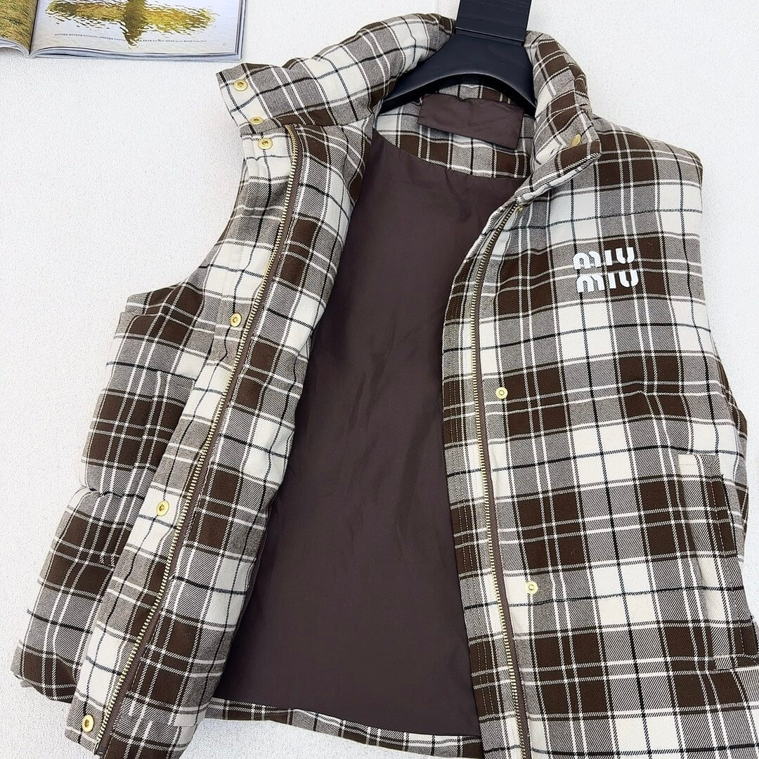 Miu Miu Brown and White Plaid Down Vest - Image 2