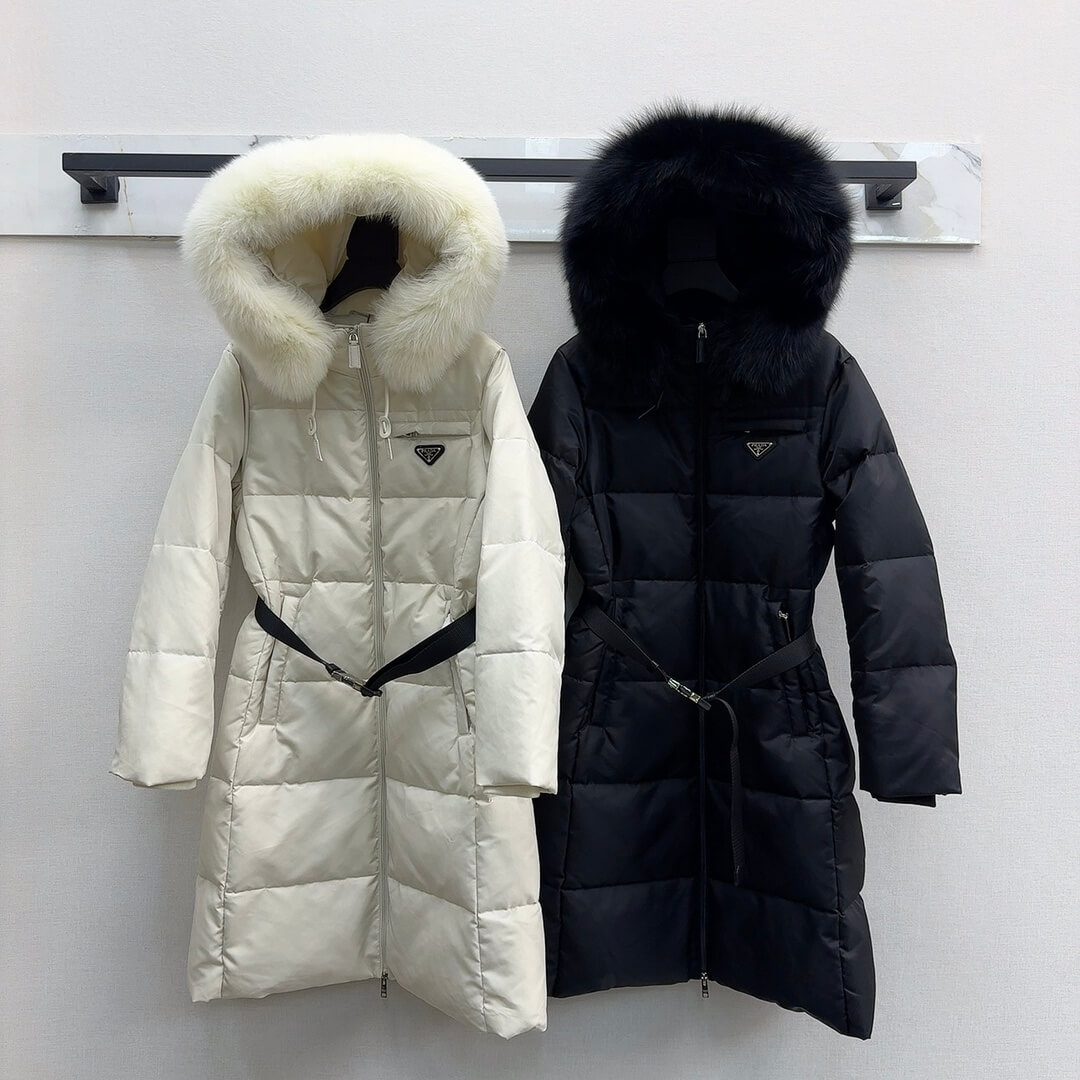 Prada Re-Nylon Hooded Long Down Jacket in White - Image 2