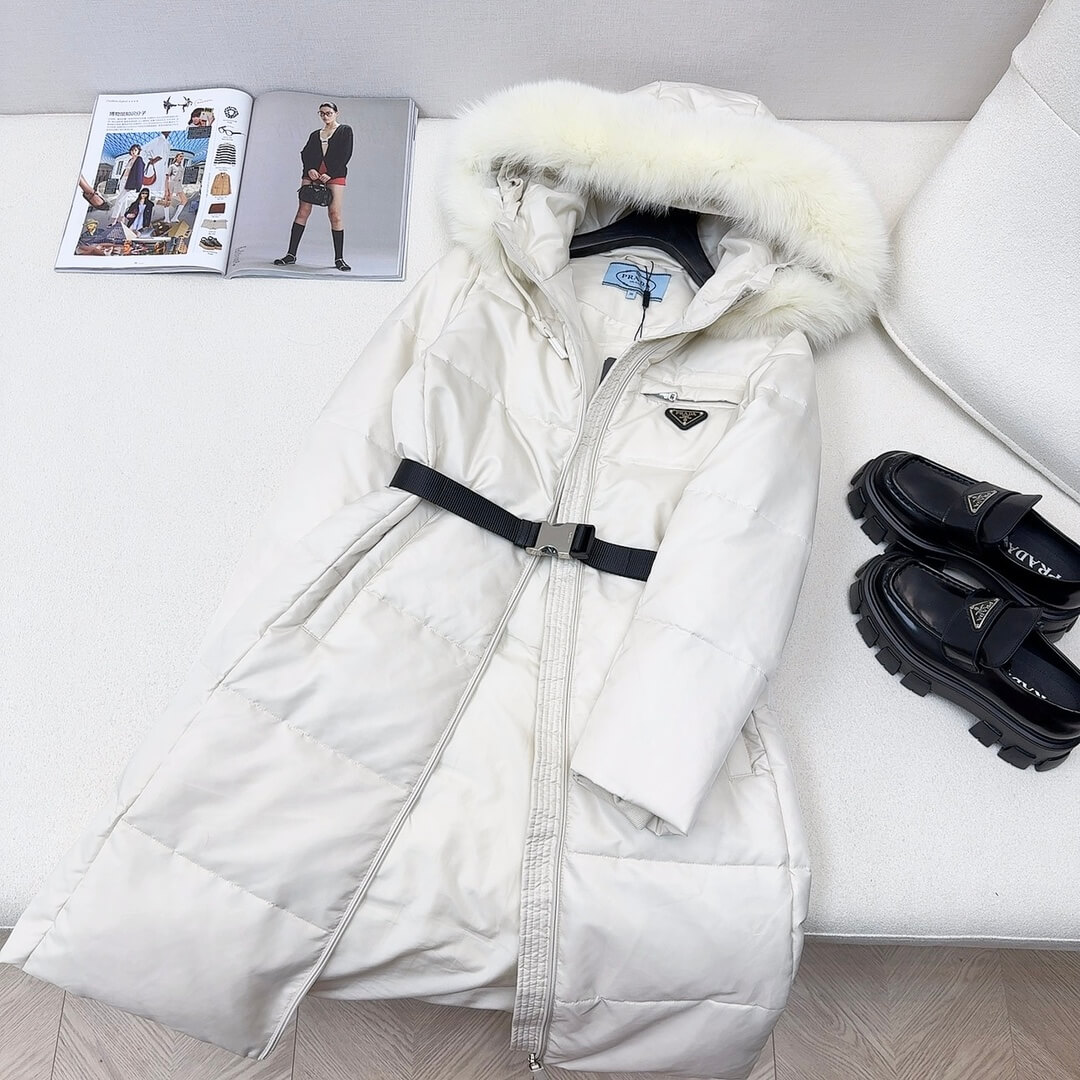 Prada Re-Nylon Hooded Long Down Jacket in White - Image 3