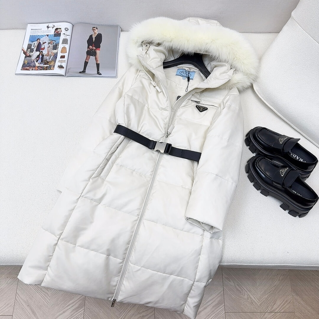 Prada Re-Nylon Hooded Long Down Jacket in White