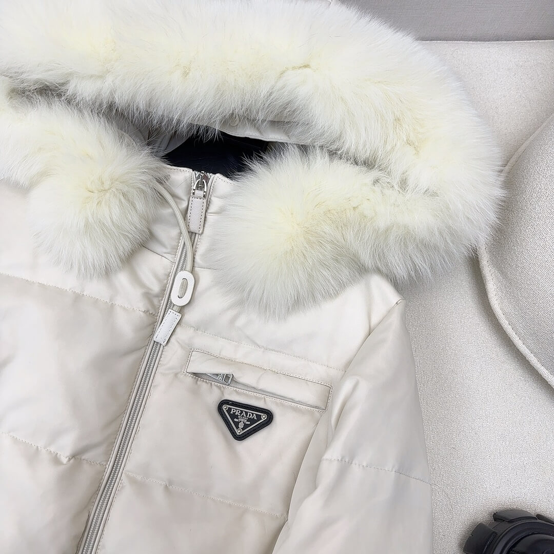 Prada Re-Nylon Hooded Long Down Jacket in White - Image 4