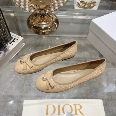Christian Dior D-Ballerina Pearl Bow in Raffia Beige Flat Shoes