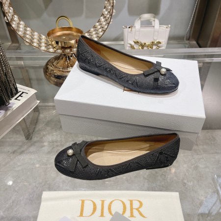 Christian Dior D-Joy  in Black Cannage Embroidered Cotton Ballet Flats