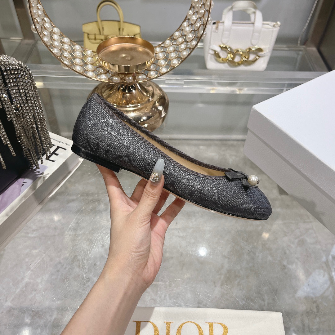 Christian Dior D-Joy in Black Cannage Embroidered Cotton Ballet Flats - Image 4