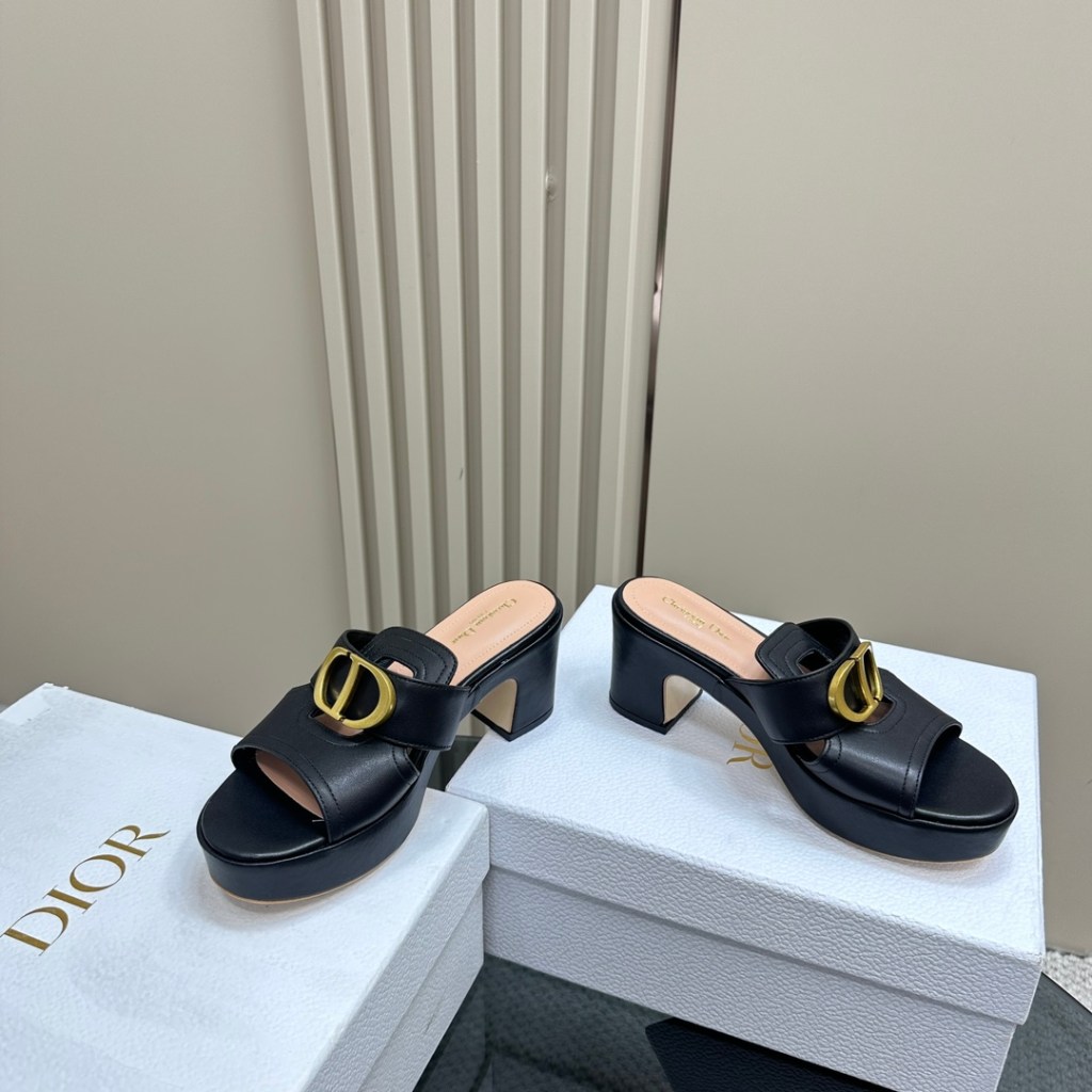 Dior 30 Montaigne Black Calfskin with Gold CD Logo Heeled Slide