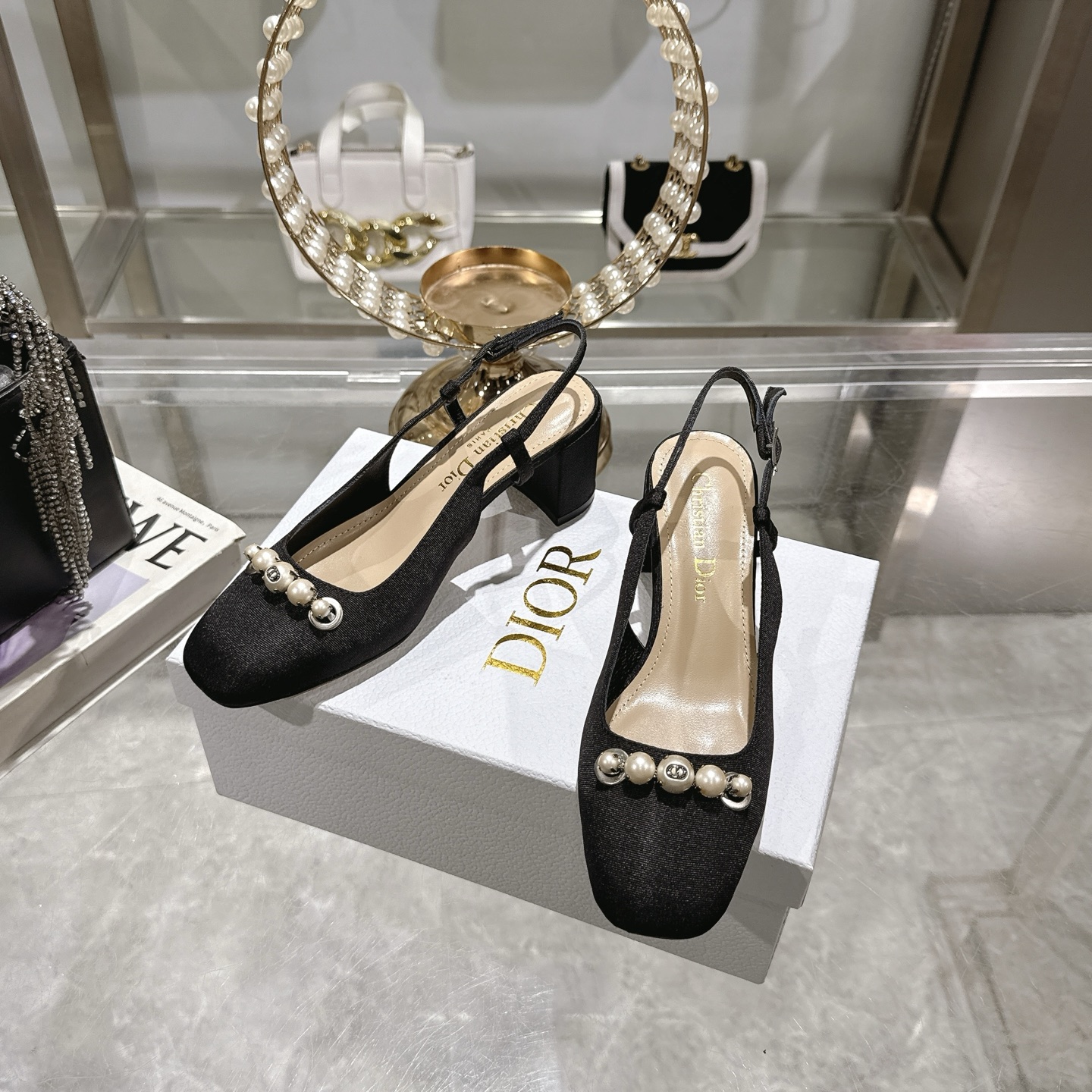 Dior Slingback Pearl and Metal CD Embellishment Black Pump