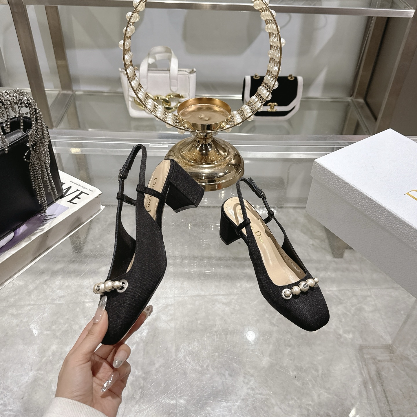 Dior Slingback Pearl and Metal CD Embellishment Black Pump - Image 5