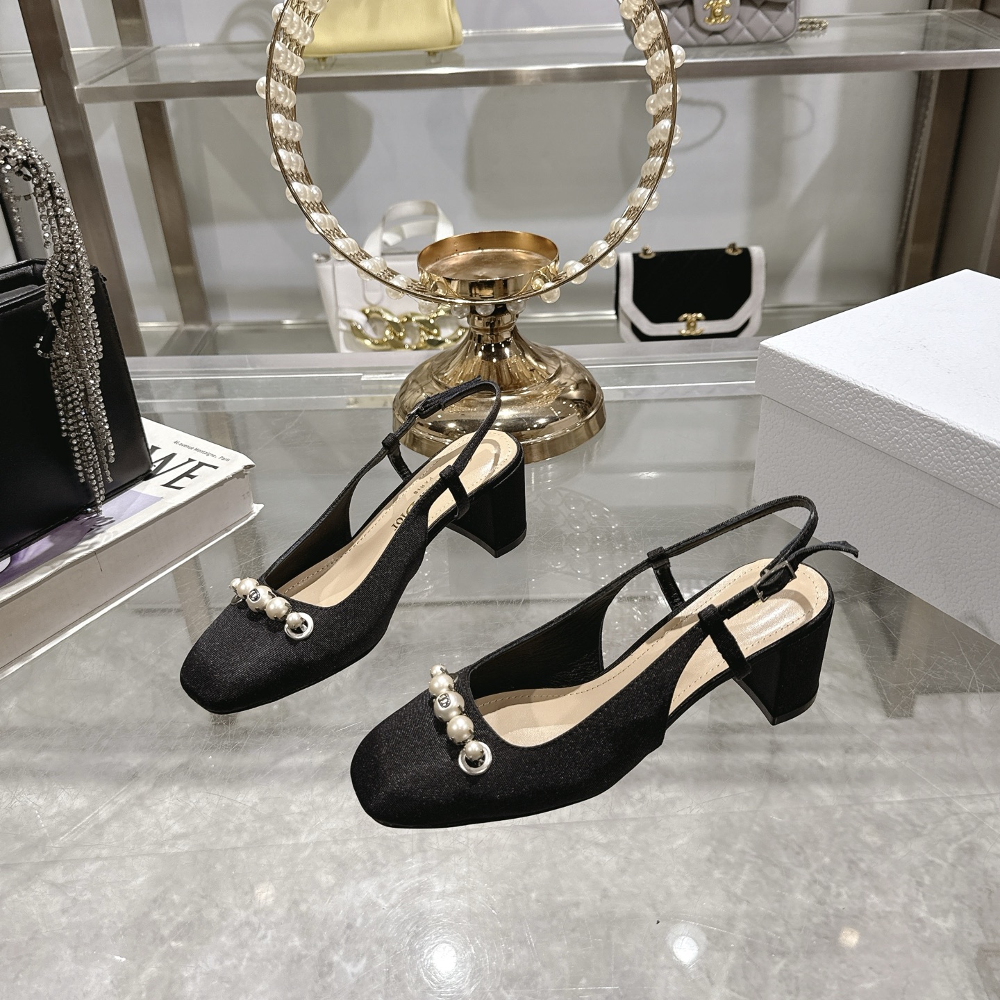 Dior Slingback Pearl and Metal CD Embellishment Black Pump - Image 4