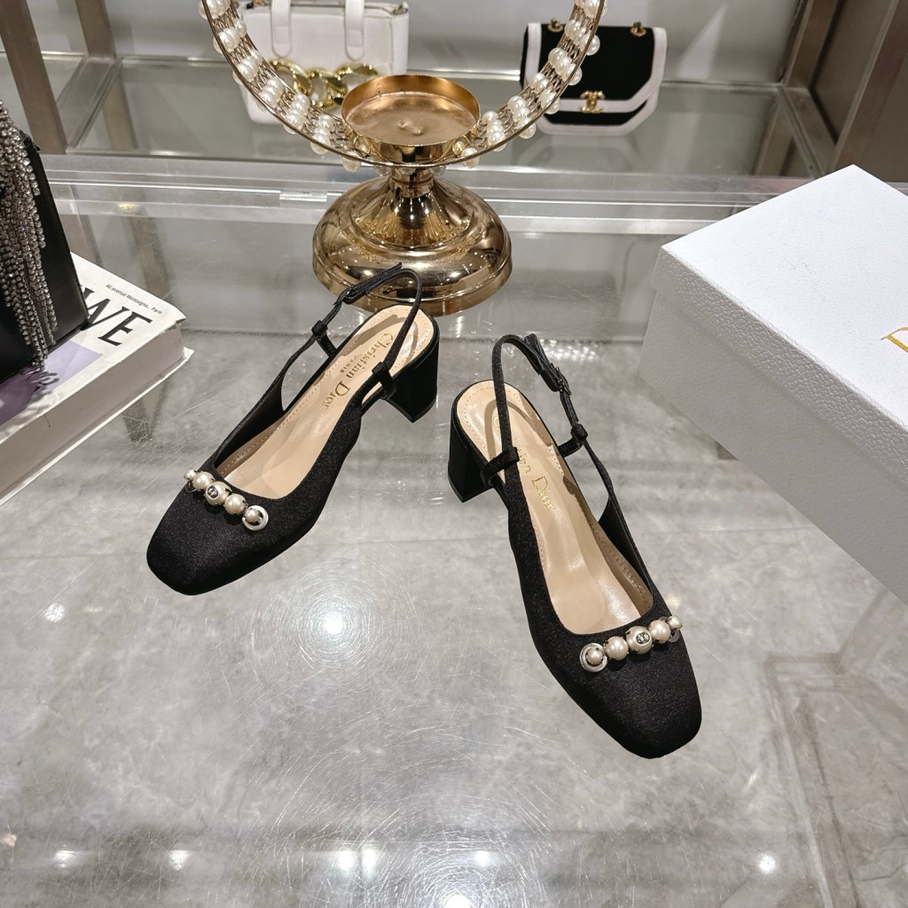 Dior Slingback Pearl and Metal CD Embellishment Black Pump