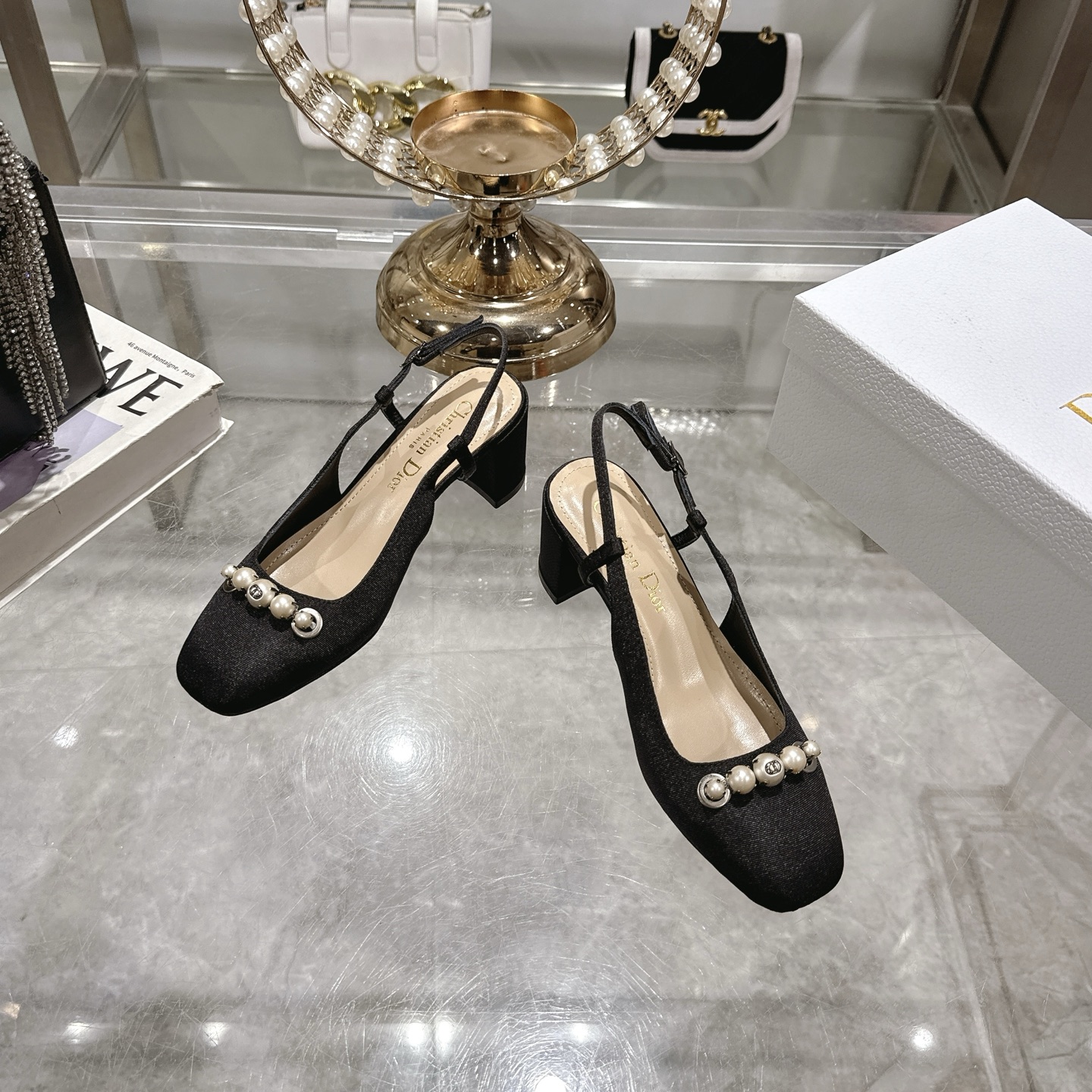 Dior Slingback Pearl and Metal CD Embellishment Black Pump - Image 3