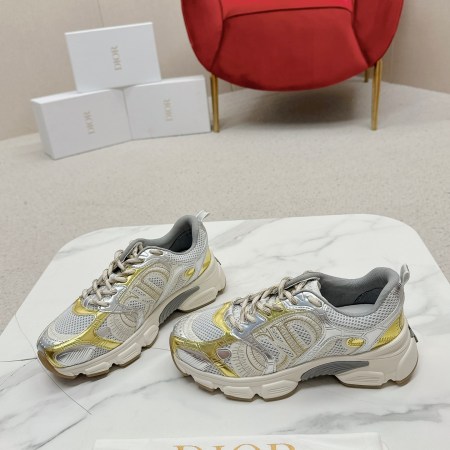 Dior Chrono Beige Mesh with Gold and Silver Metallic Overlays Sneakers