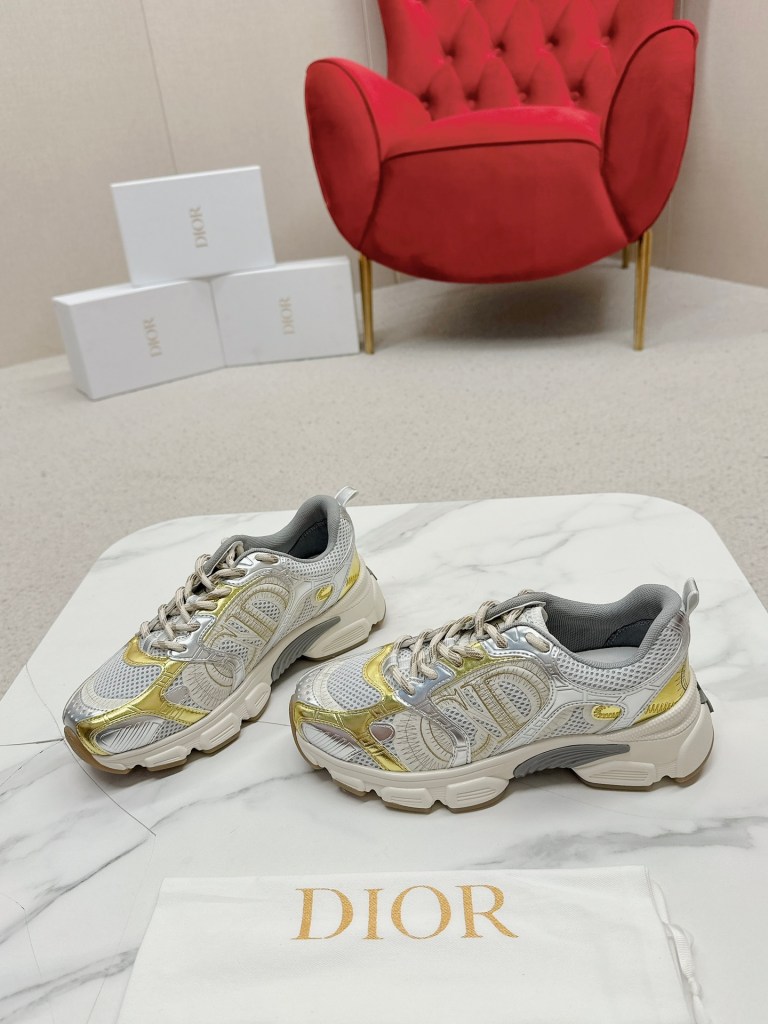 Dior Chrono Beige Mesh with Gold and Silver Metallic Overlays Sneakers