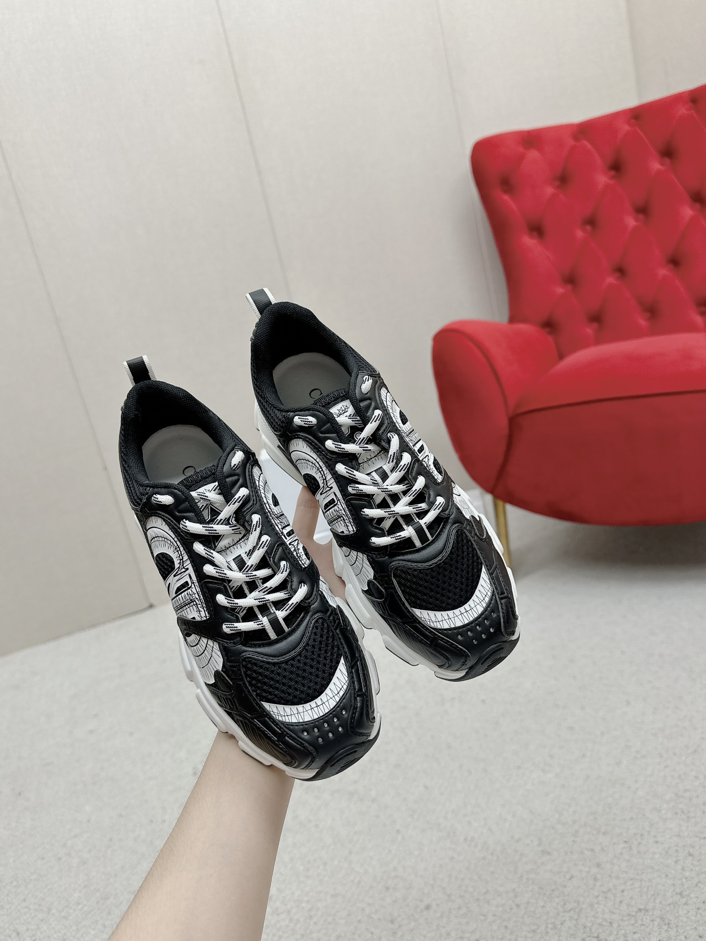 Dior Chrono Black Mesh with White Technical Overlays Sneakers - Image 6