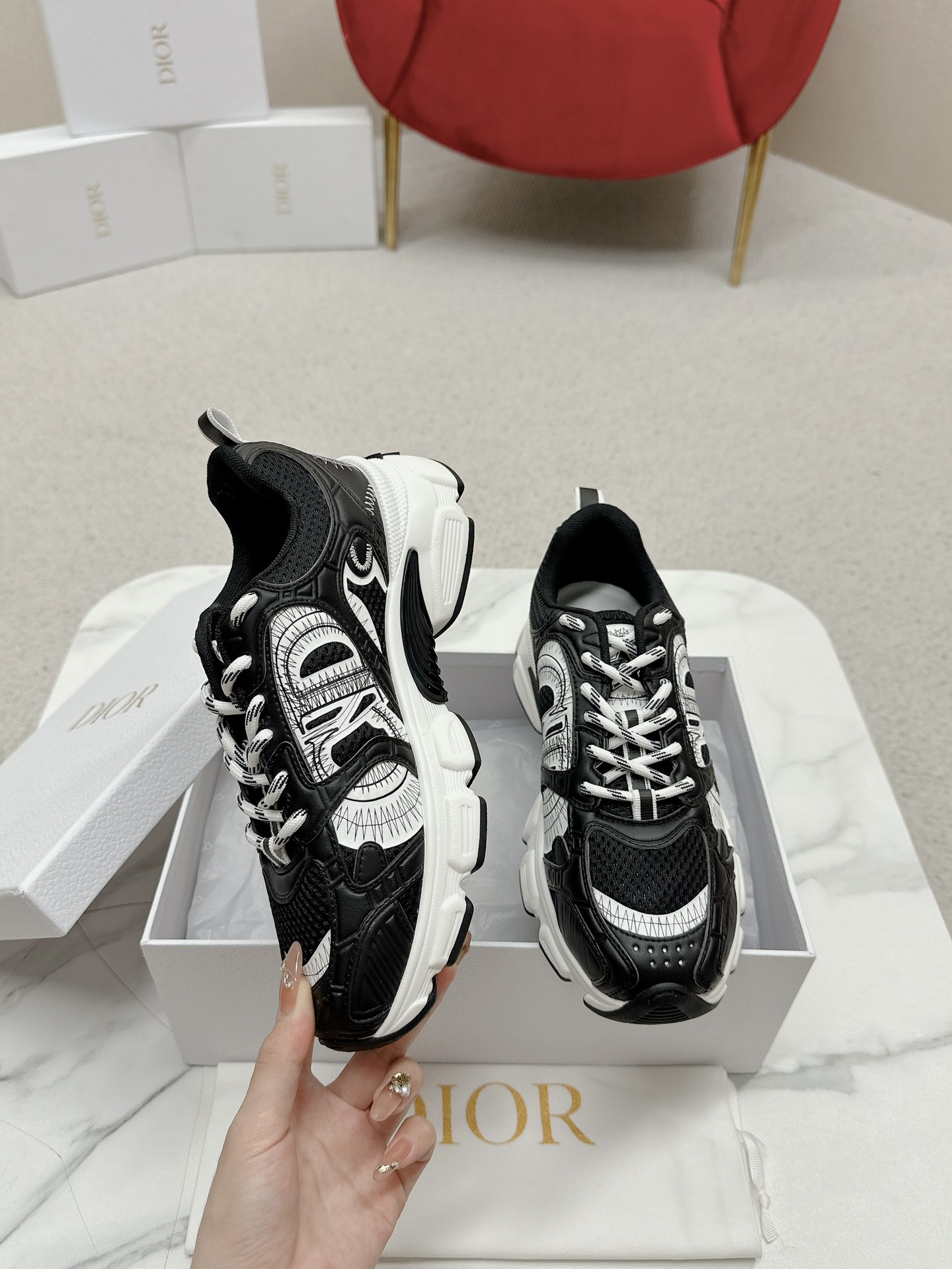 Dior Chrono Black Mesh with White Technical Overlays Sneakers - Image 4
