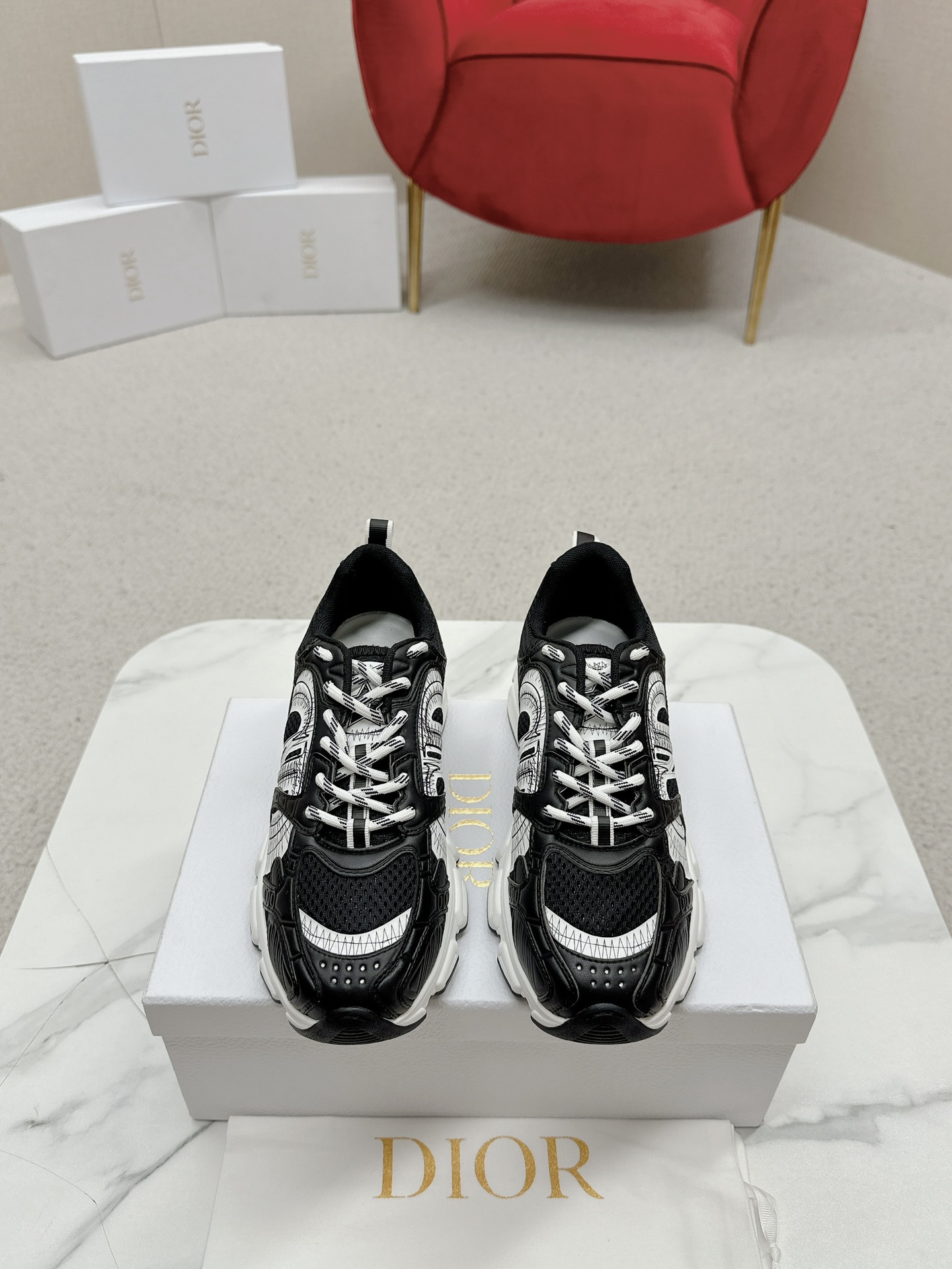 Dior Chrono Black Mesh with White Technical Overlays Sneakers - Image 2
