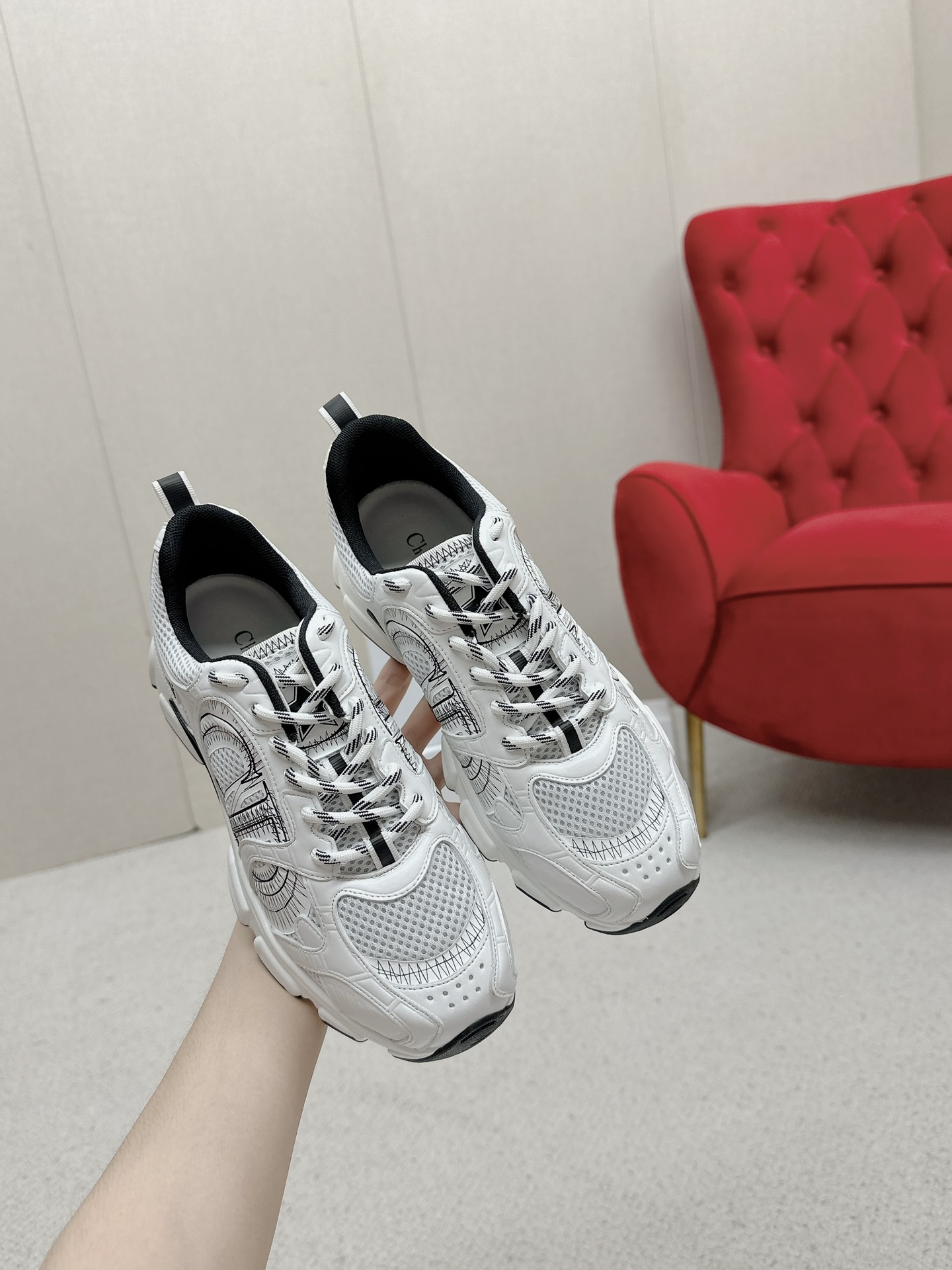 Dior Chrono White Mesh with Black Embroidered Detailing Sneakers - Image 6