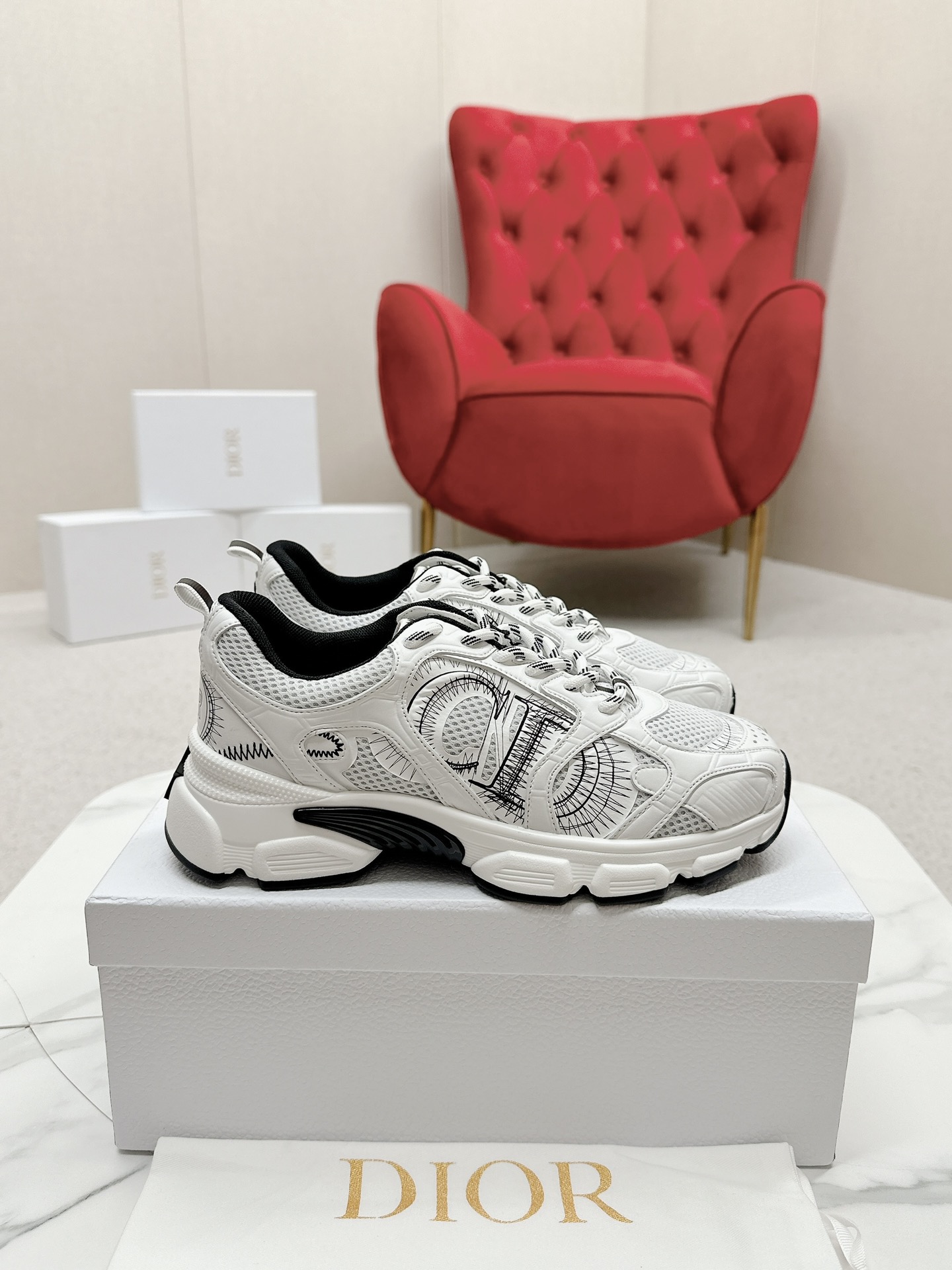 Dior Chrono White Mesh with Black Embroidered Detailing Sneakers - Image 3