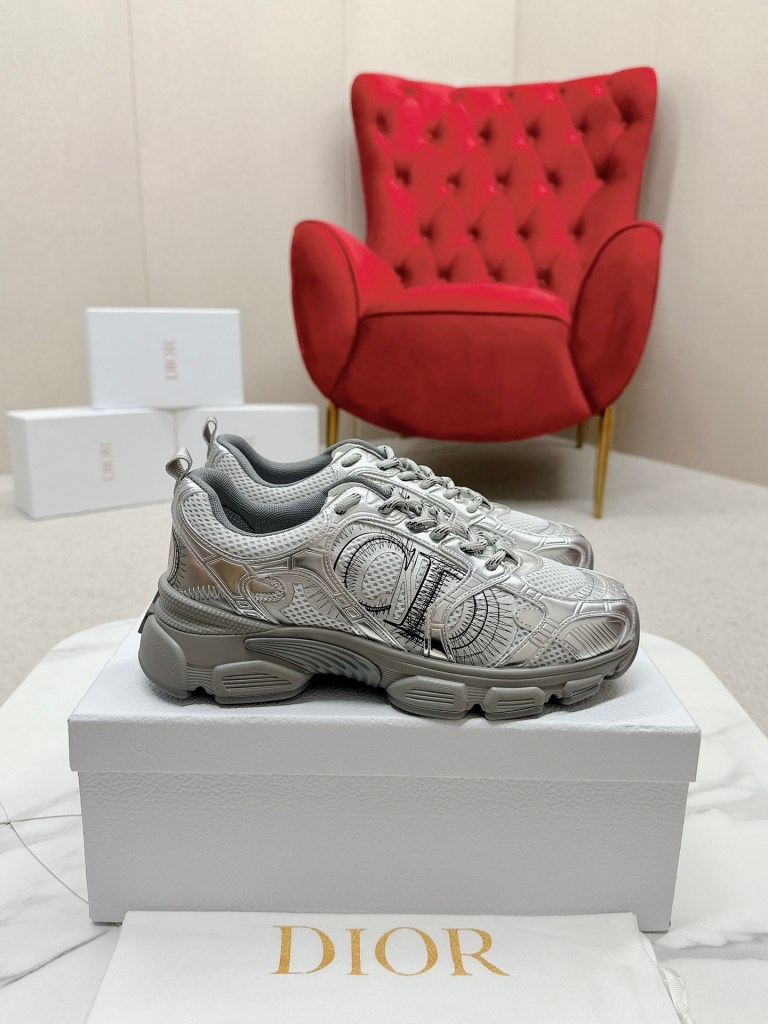 Dior Chrono Silver-Tone Metallic Leather Sneakers