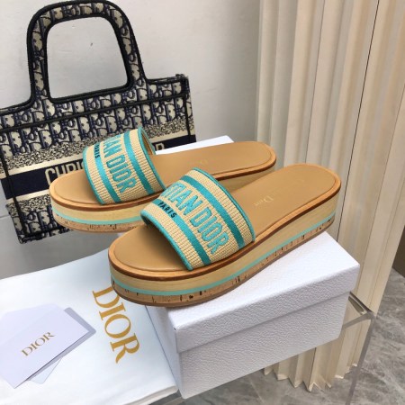 Dior D-way Platform Aqua Blue Embroidered Cotton Slide