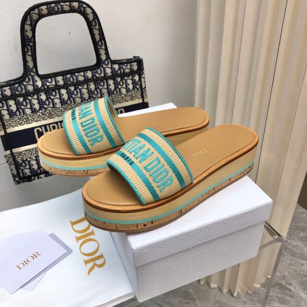 Dior D-way Platform Aqua Blue Embroidered Cotton Slide