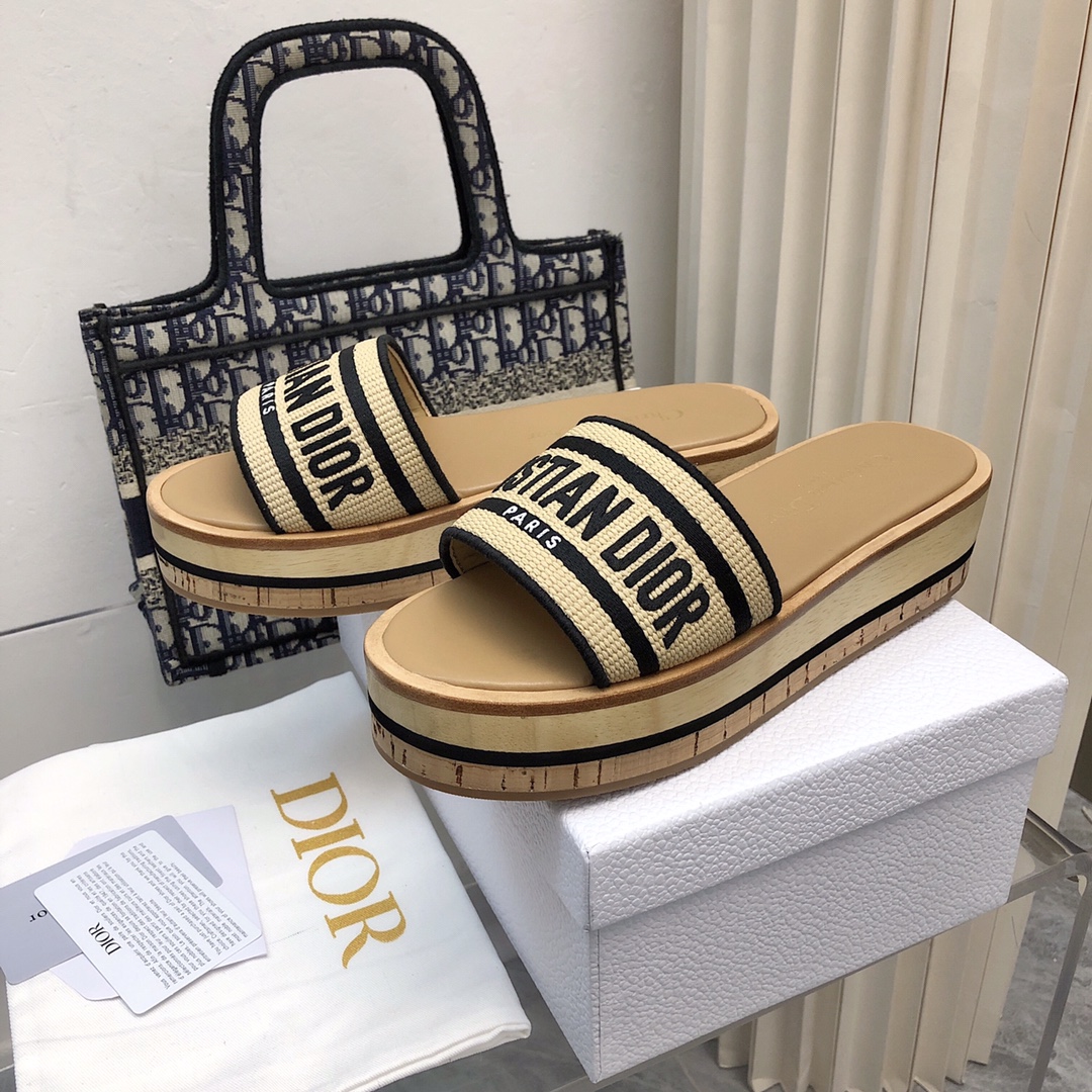 Dior D-way Platform Natural Raffia and Cotton Slide - Image 9