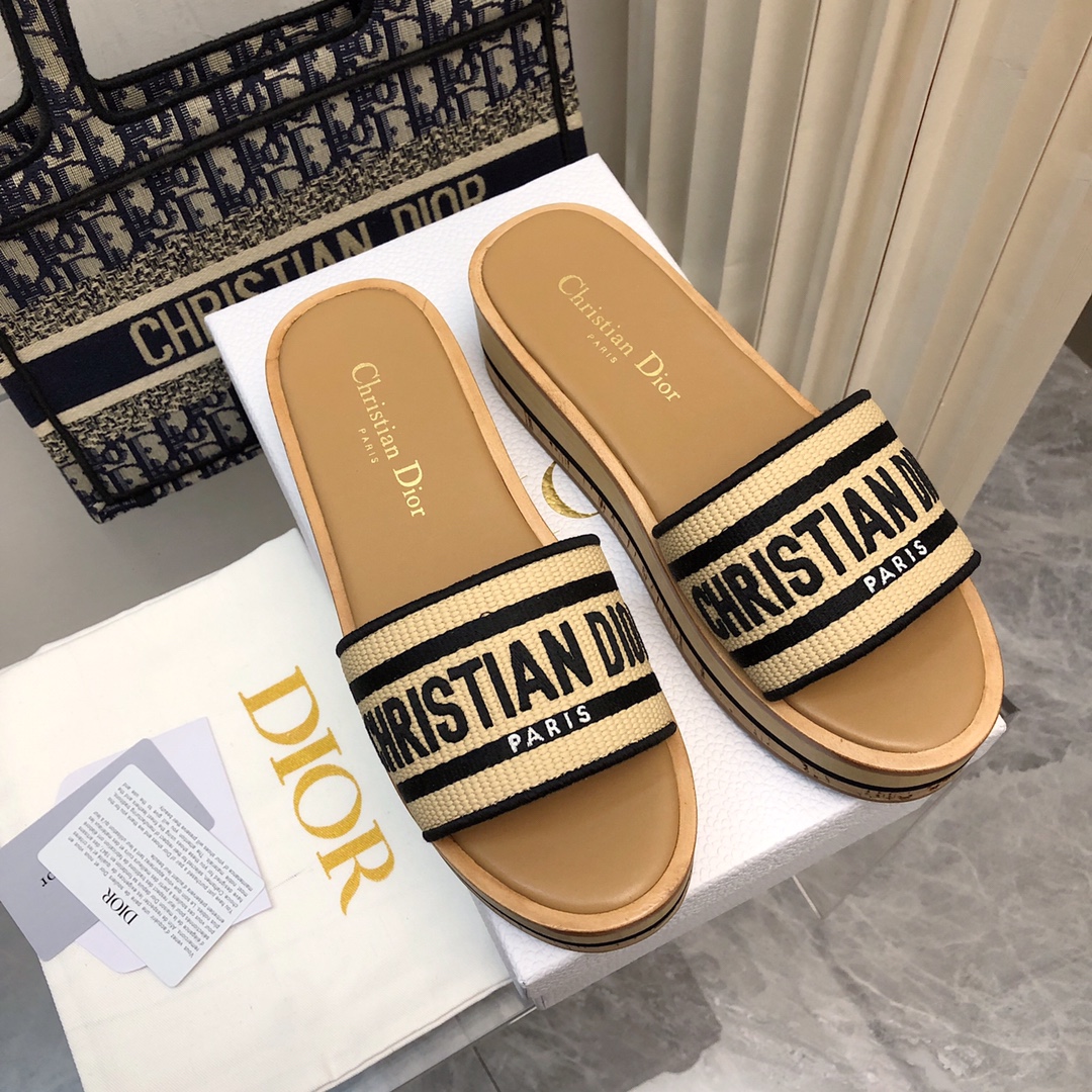 Dior D-way Platform Natural Raffia and Cotton Slide - Image 2