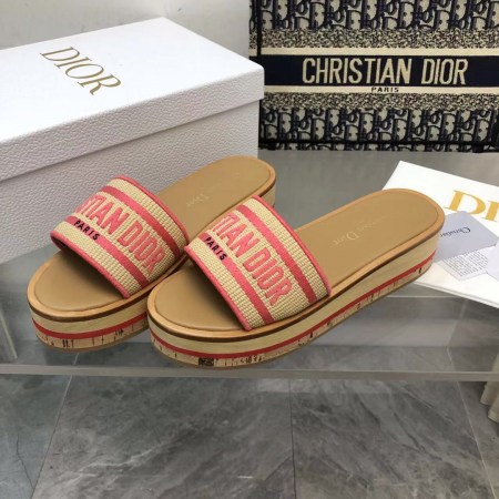 Dior D-way Platform Pink Embroidered Cotton Slide