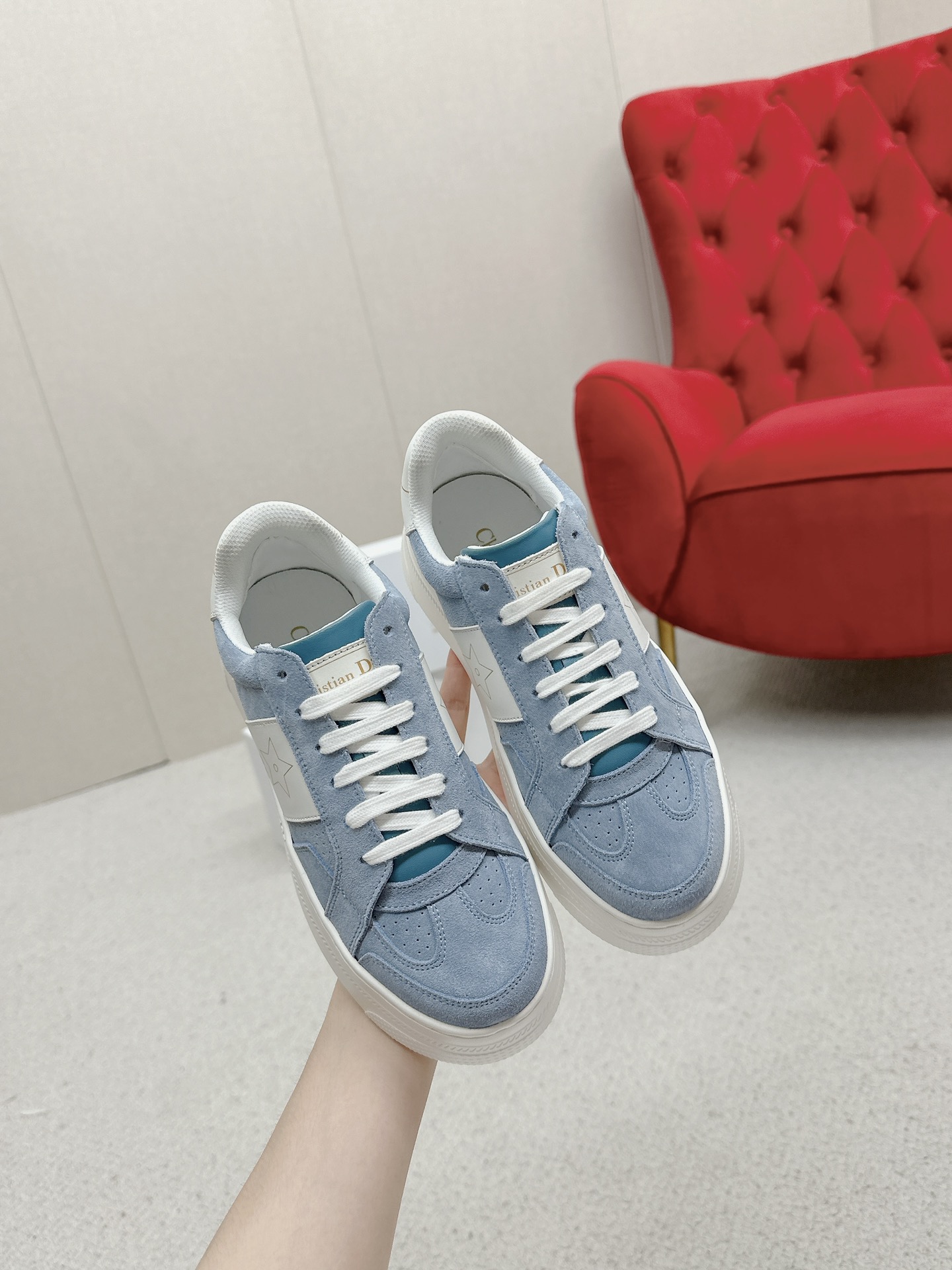 Dior Star Sneaker in Pastel Blue Suede and White Calfskin - Image 6