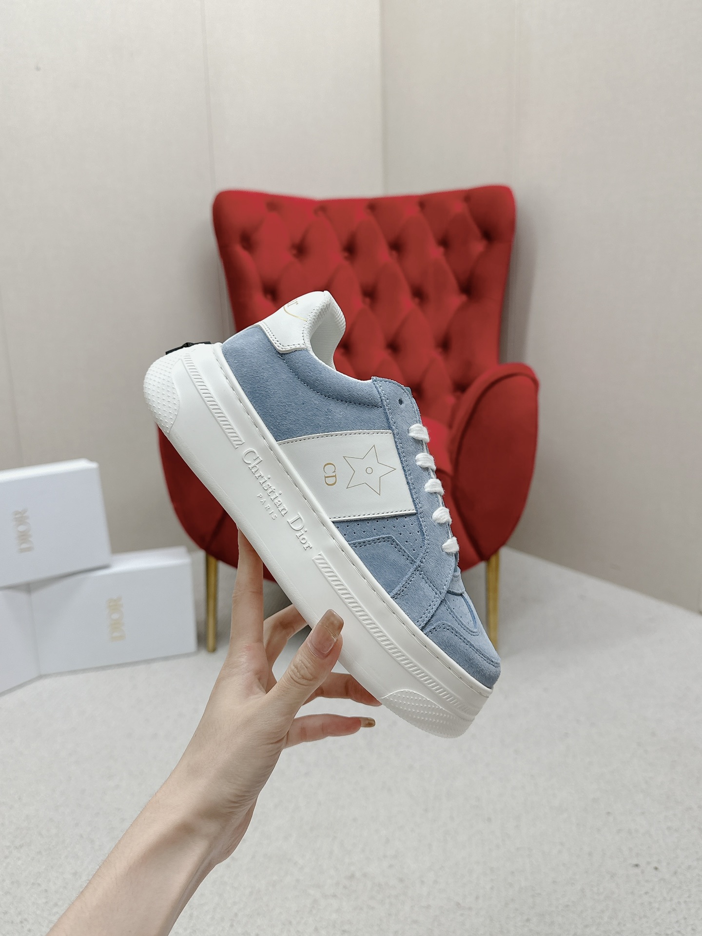 Dior Star Sneaker in Pastel Blue Suede and White Calfskin - Image 5