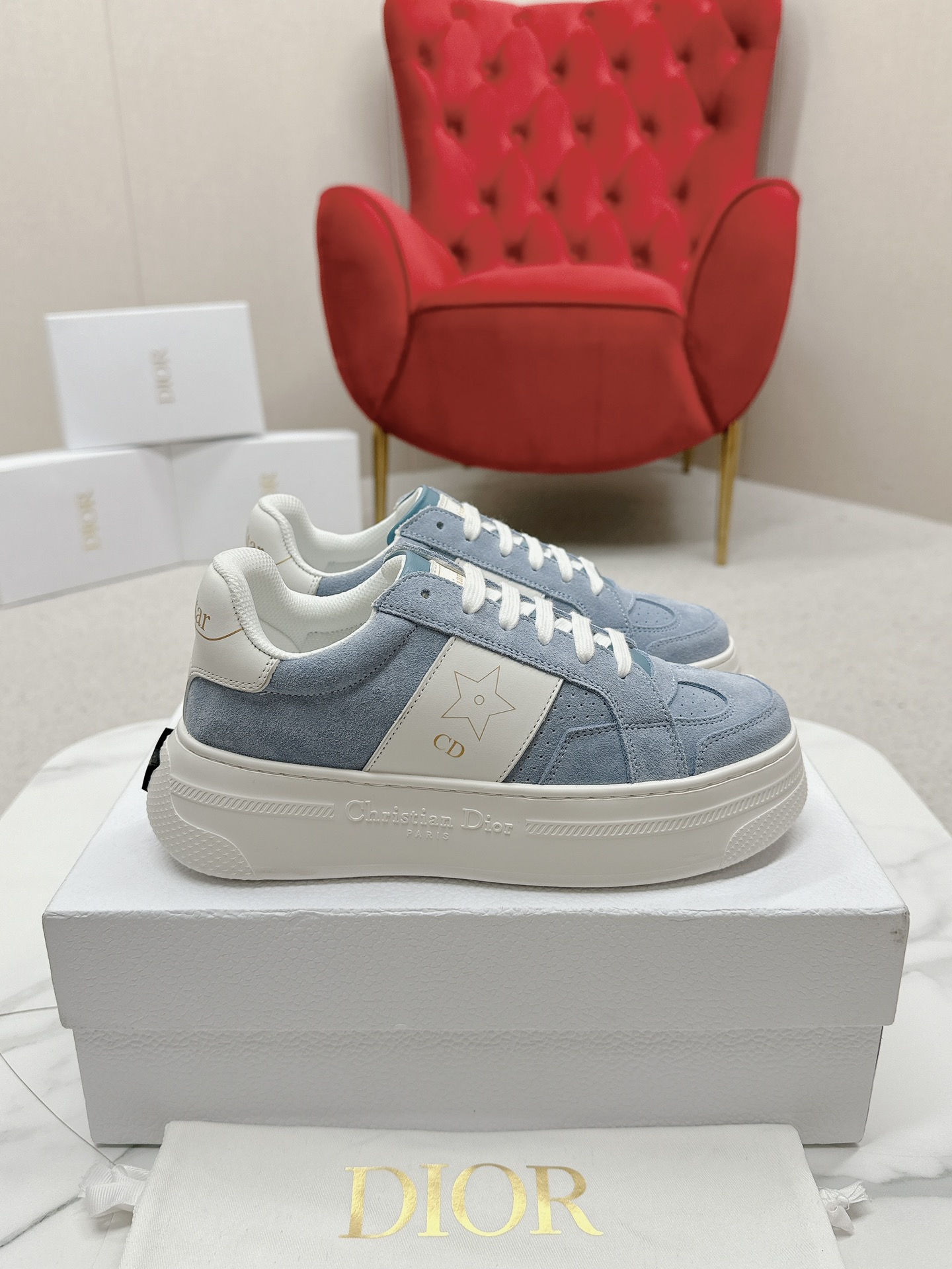 Dior Star Sneaker in Pastel Blue Suede and White Calfskin - Image 3