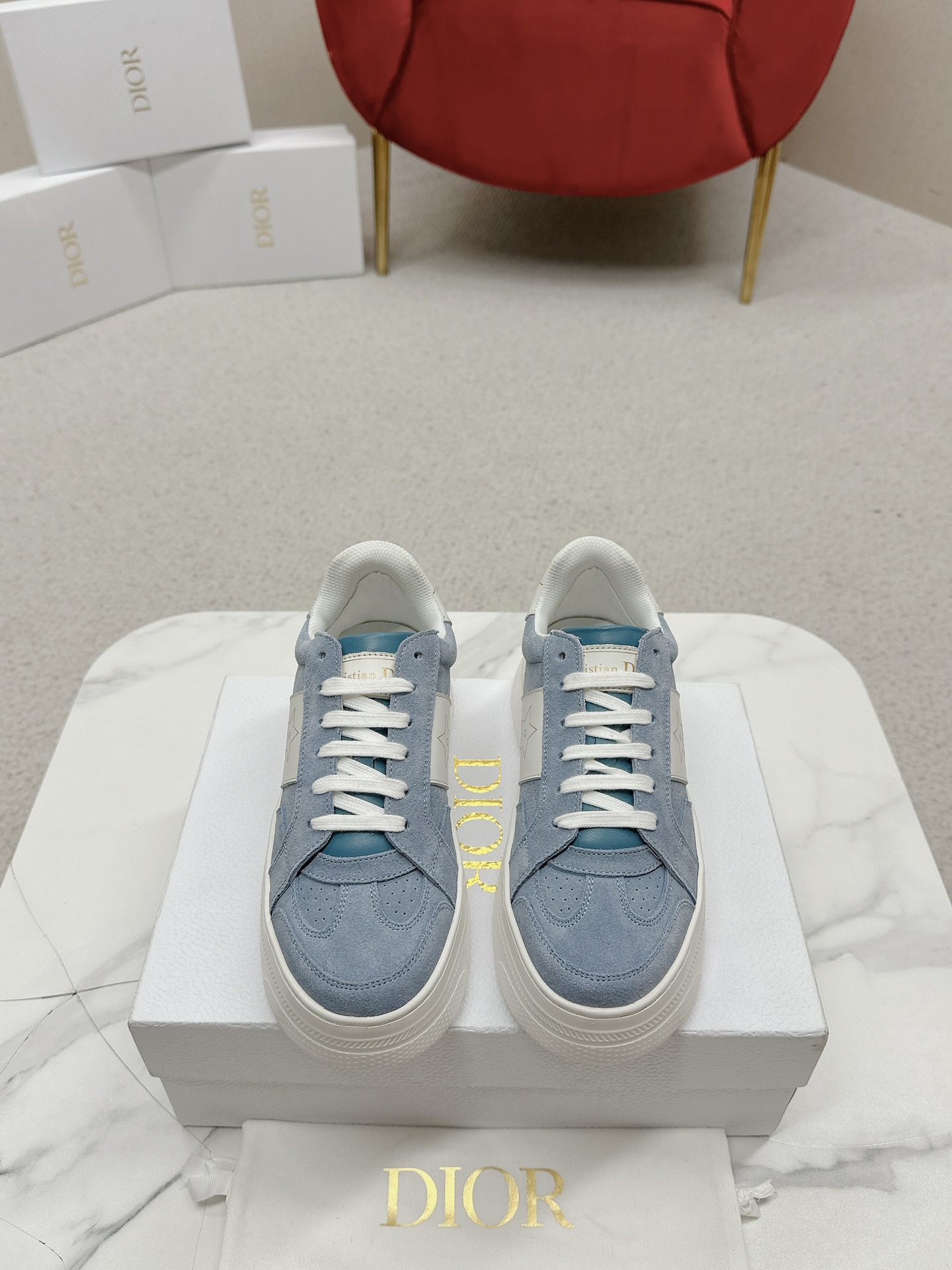 Dior Star Sneaker in Pastel Blue Suede and White Calfskin - Image 2
