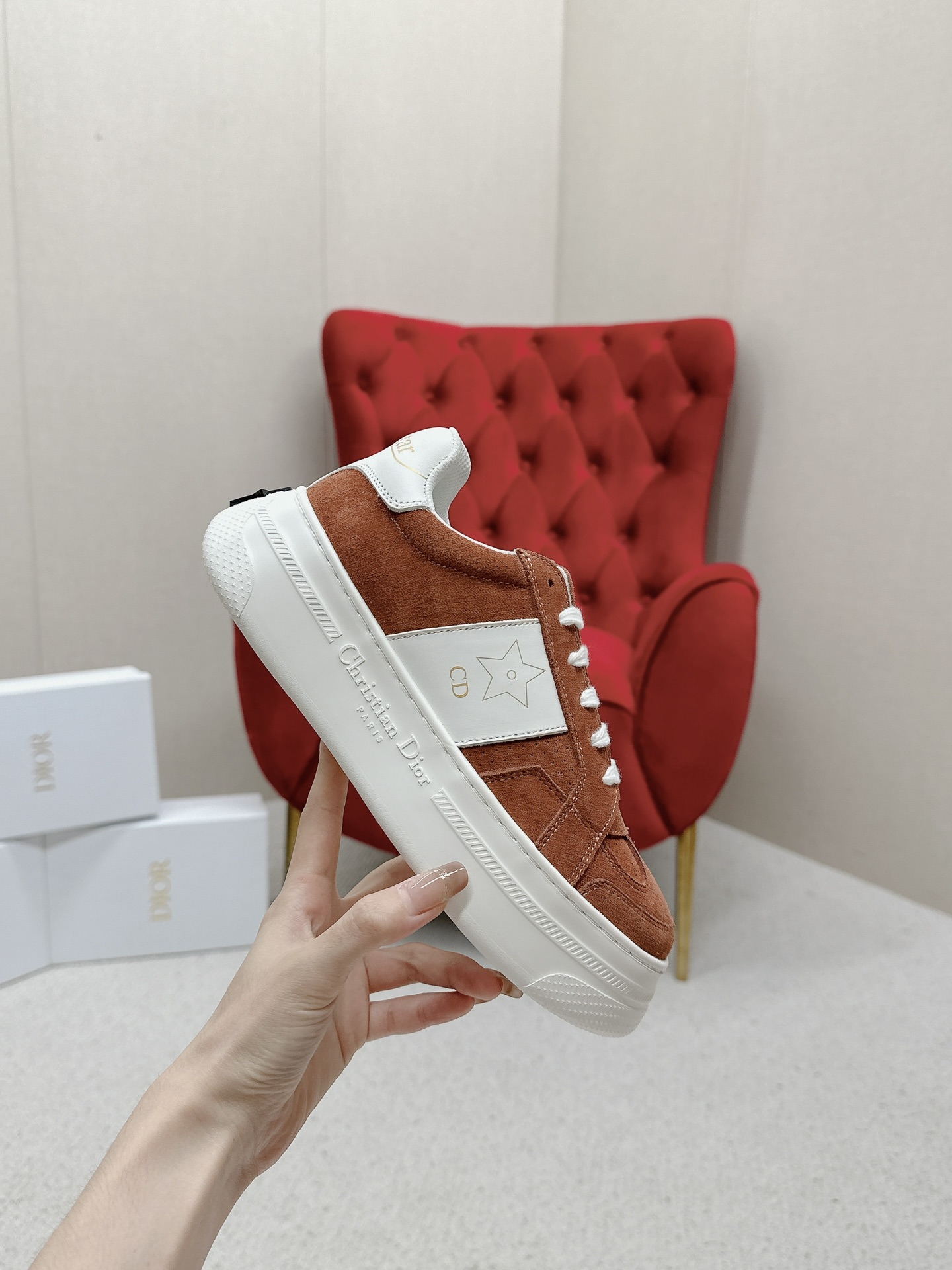 Dior Star Sneaker in Rust Suede and White Calfskin - Image 5