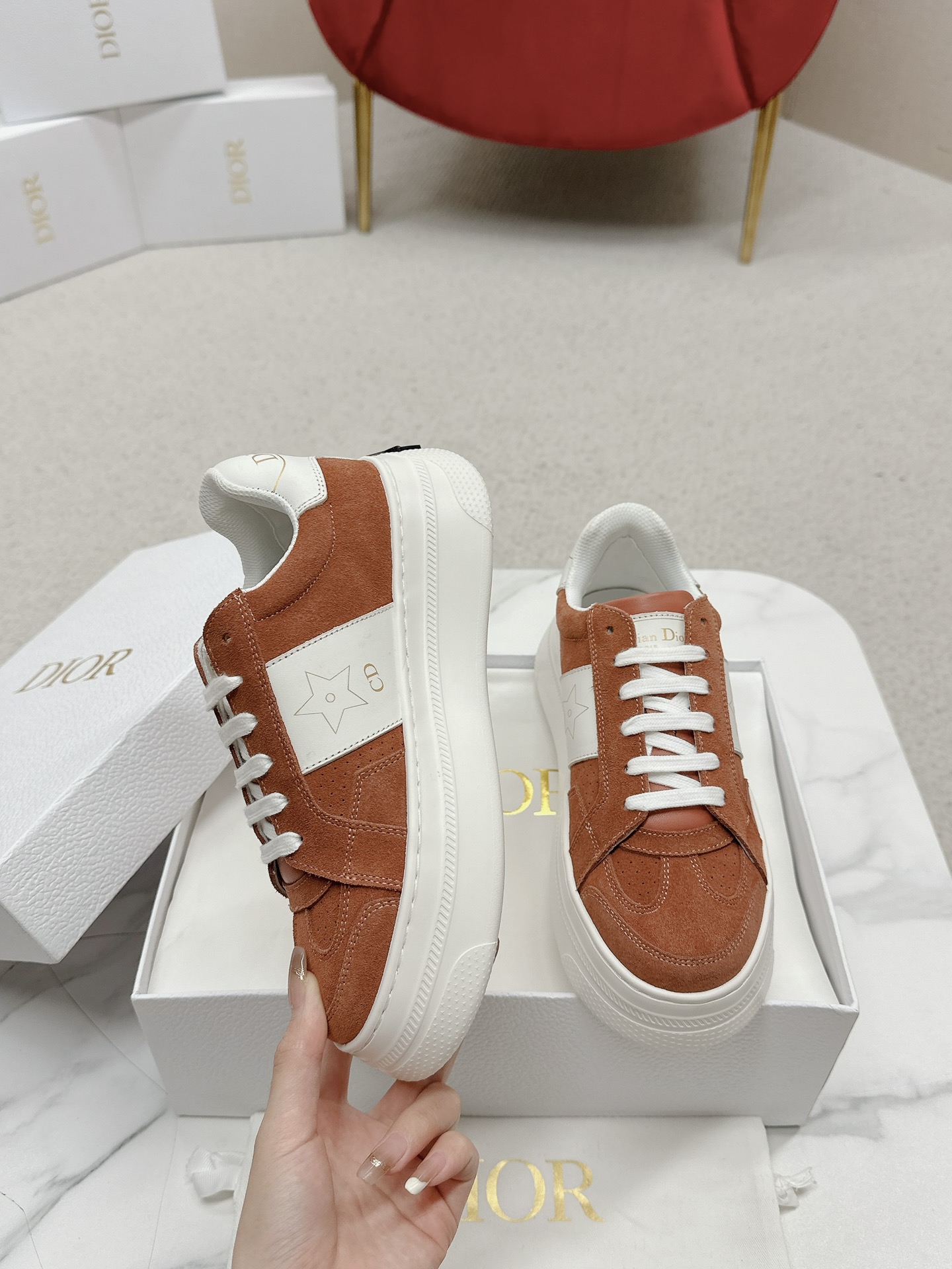 Dior Star Sneaker in Rust Suede and White Calfskin - Image 4