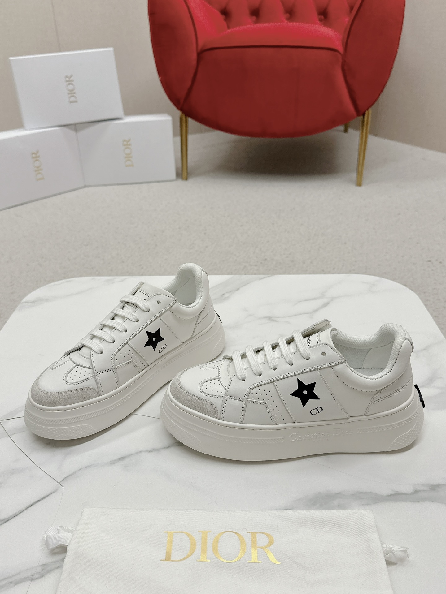 Dior Star Sneaker in White Calfskin with Black Star Detail