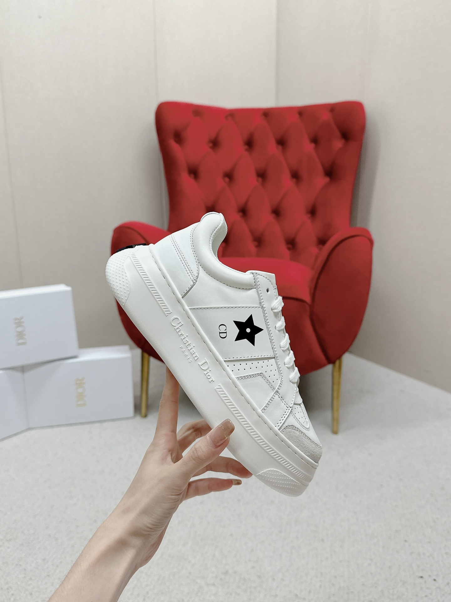 Dior Star Sneaker in White Calfskin with Black Star Detail - Image 5