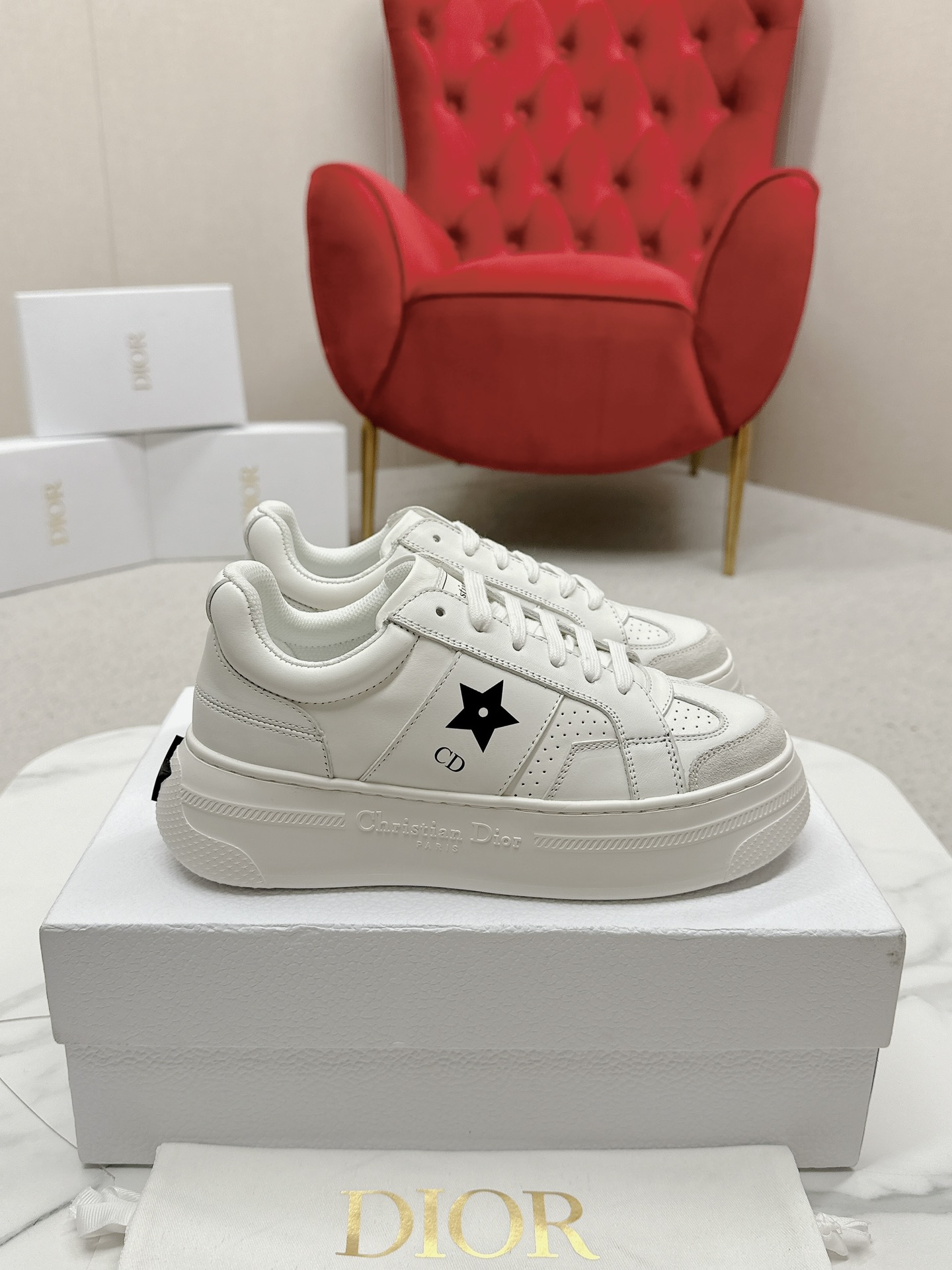 Dior Star Sneaker in White Calfskin with Black Star Detail - Image 3
