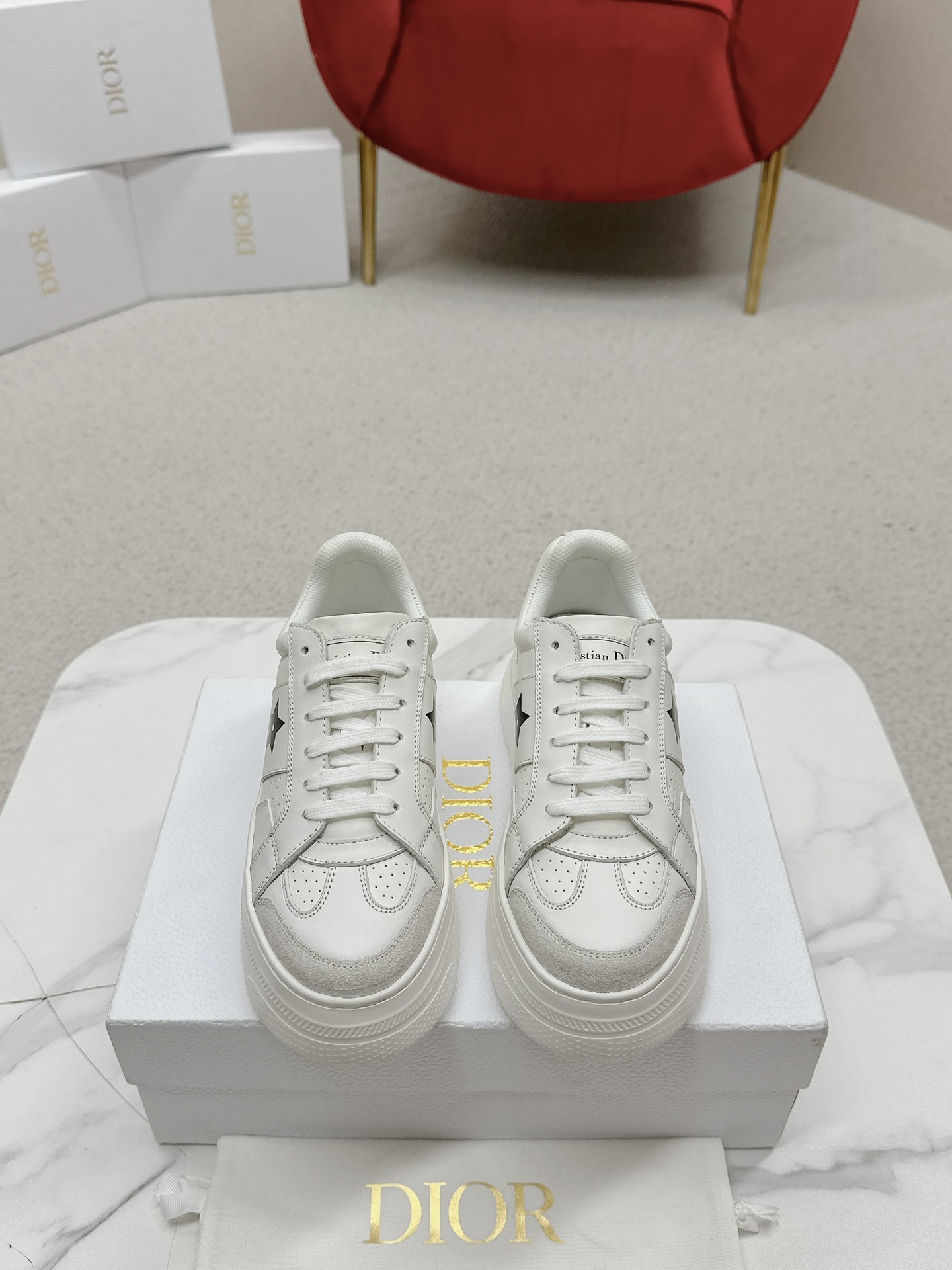 Dior Star Sneaker in White Calfskin with Black Star Detail - Image 2